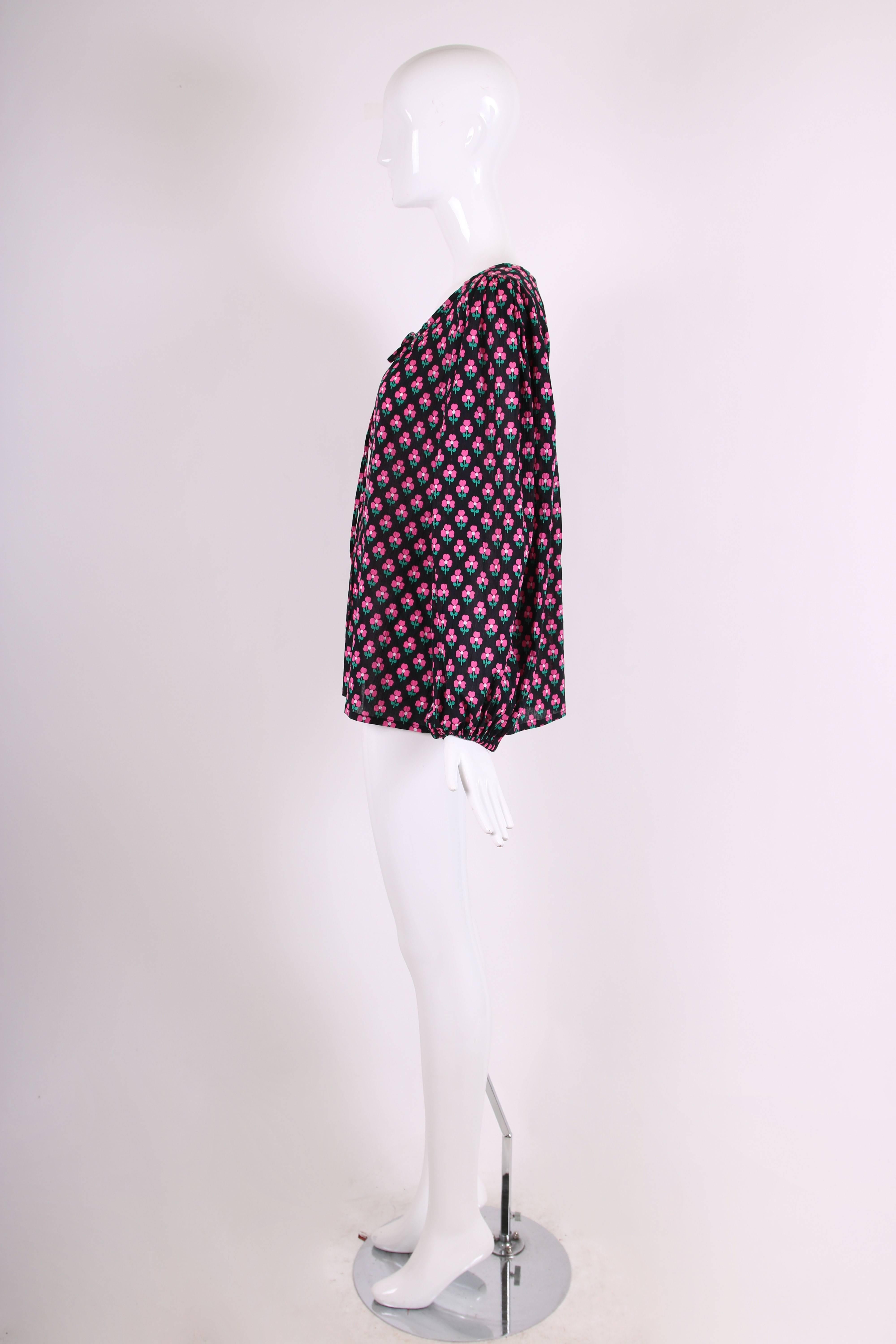 Women's Yves Saint Laurent Pink / Black Clover Print Cotton Peasant Blouse w / Neck Ties