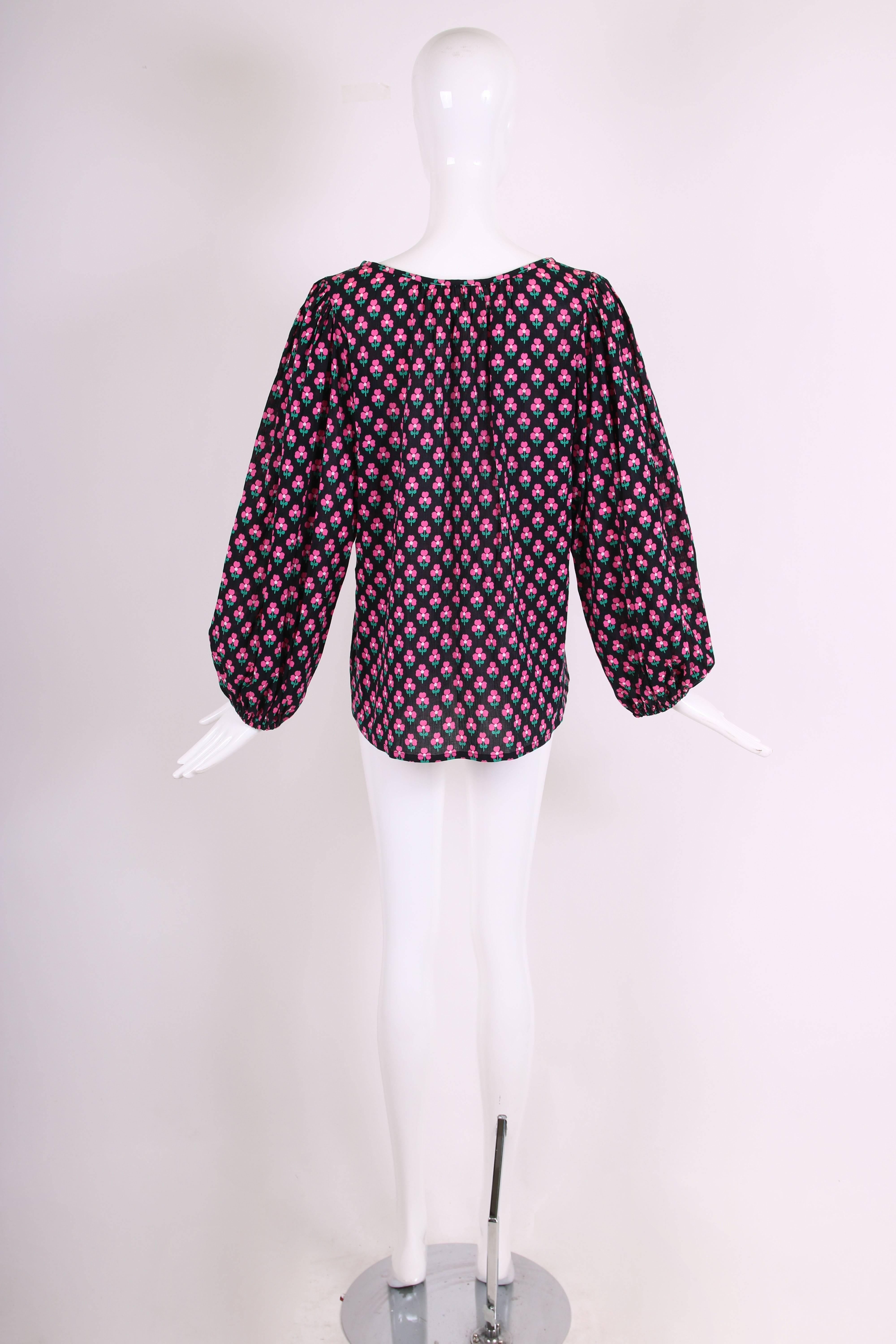 Yves Saint Laurent Pink / Black Clover Print Cotton Peasant Blouse w / Neck Ties 1