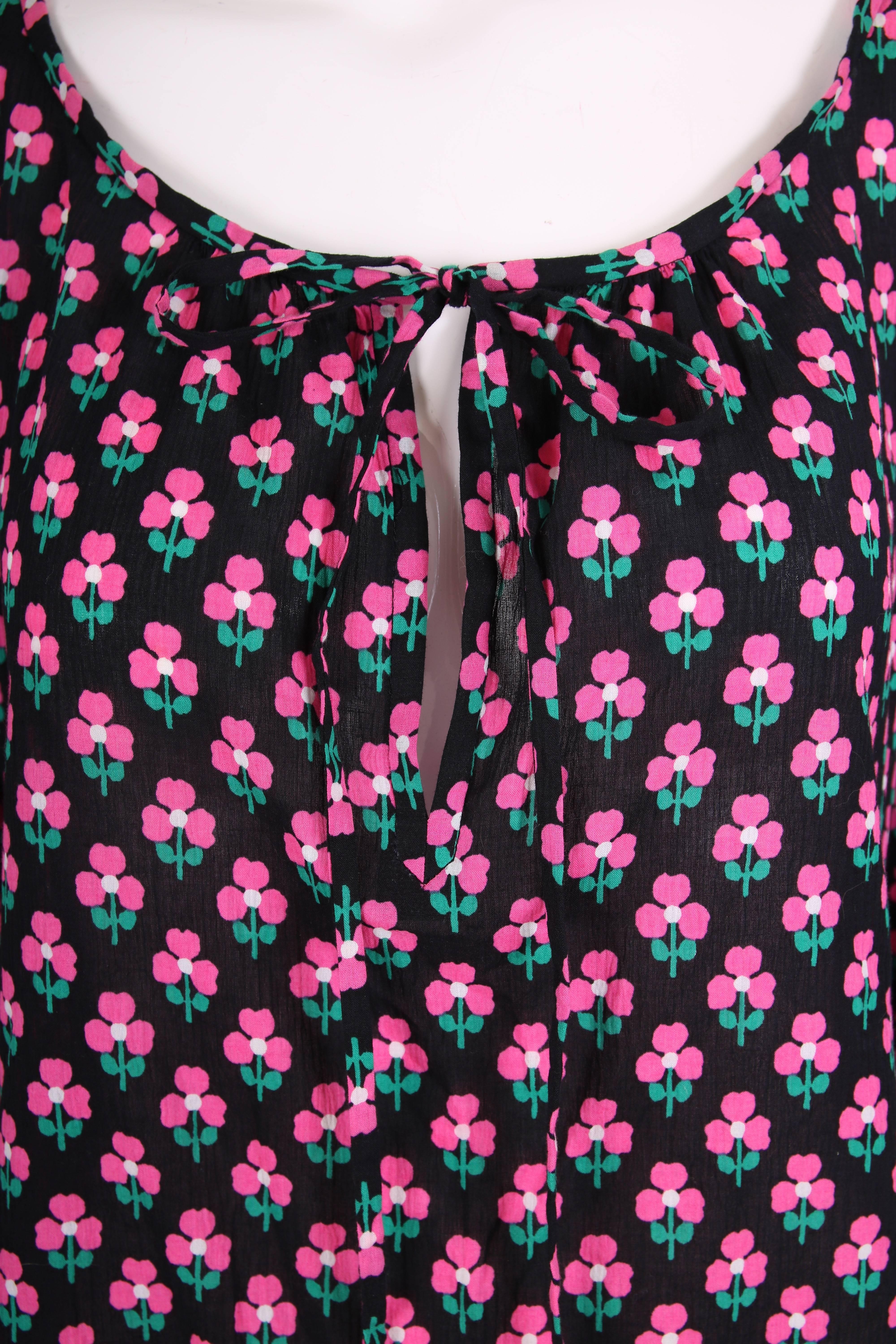 Yves Saint Laurent Pink / Black Clover Print Cotton Peasant Blouse w / Neck Ties 2