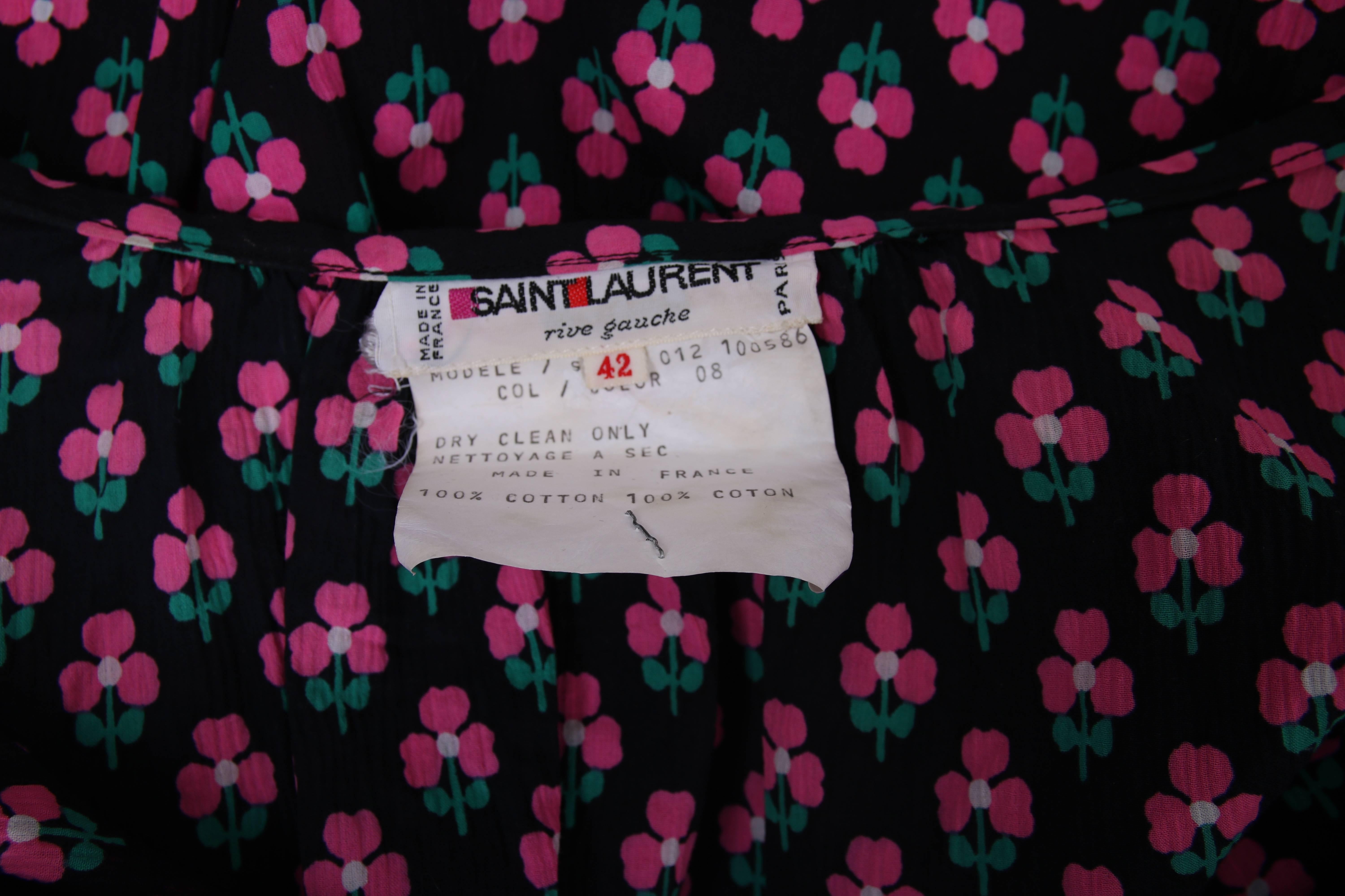 Yves Saint Laurent Pink / Black Clover Print Cotton Peasant Blouse w / Neck Ties 3