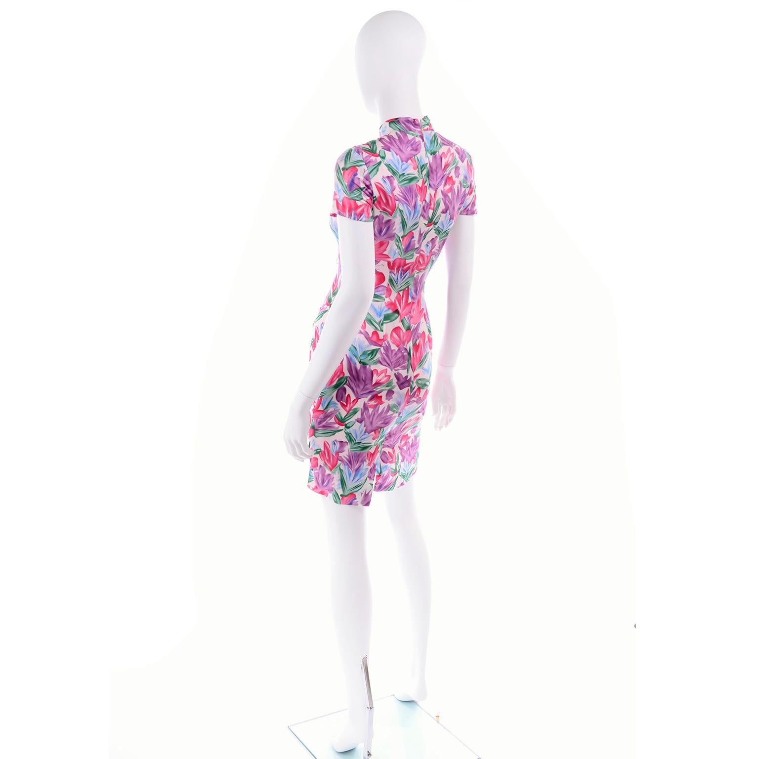 Yves Saint Laurent Pink Blue and Purple Silk Tulip Print YSL Sheath Dress  In Excellent Condition In Portland, OR