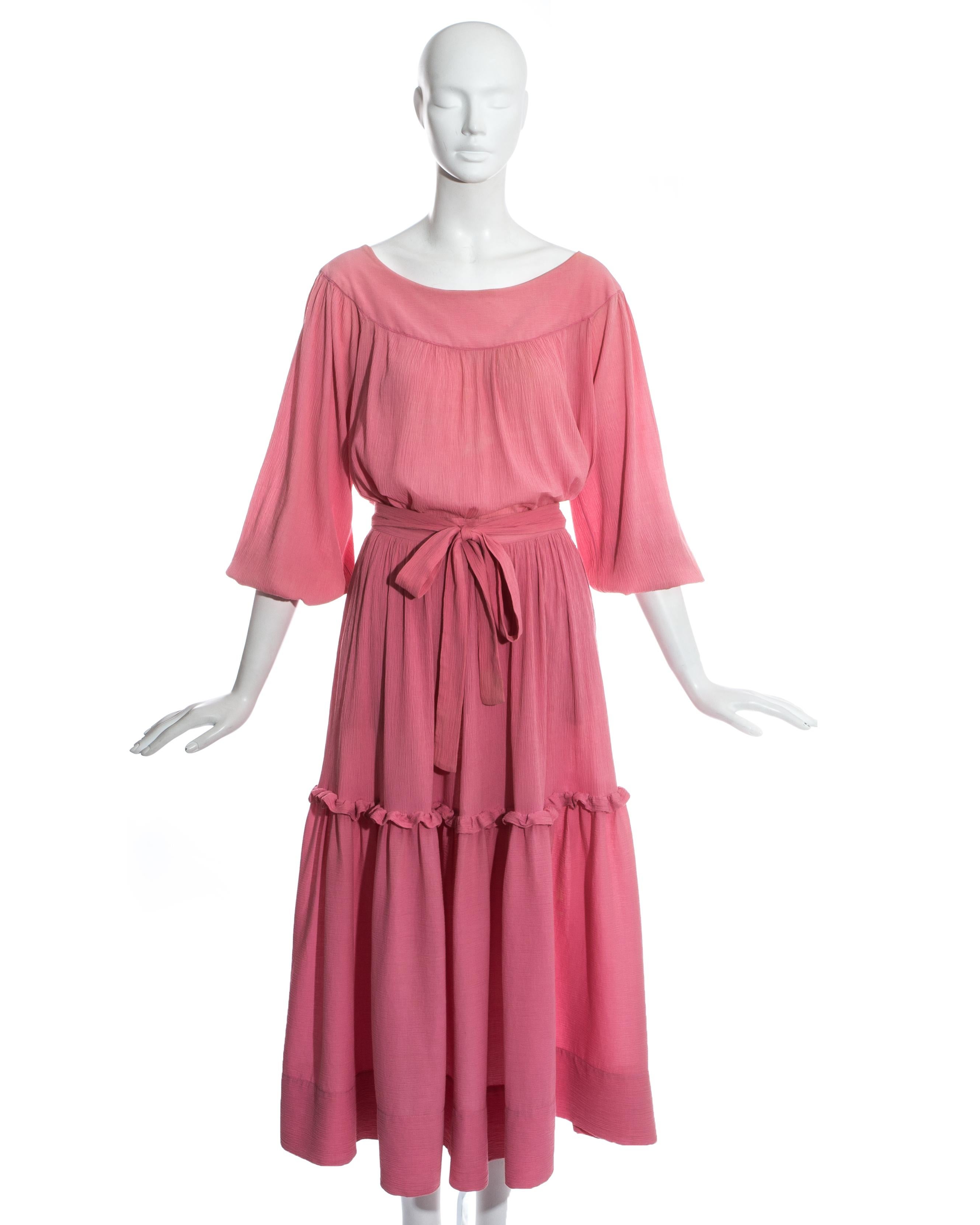 Yves Saint Laurent pink crinkled silk blouse and skirt set.

c. 1970s