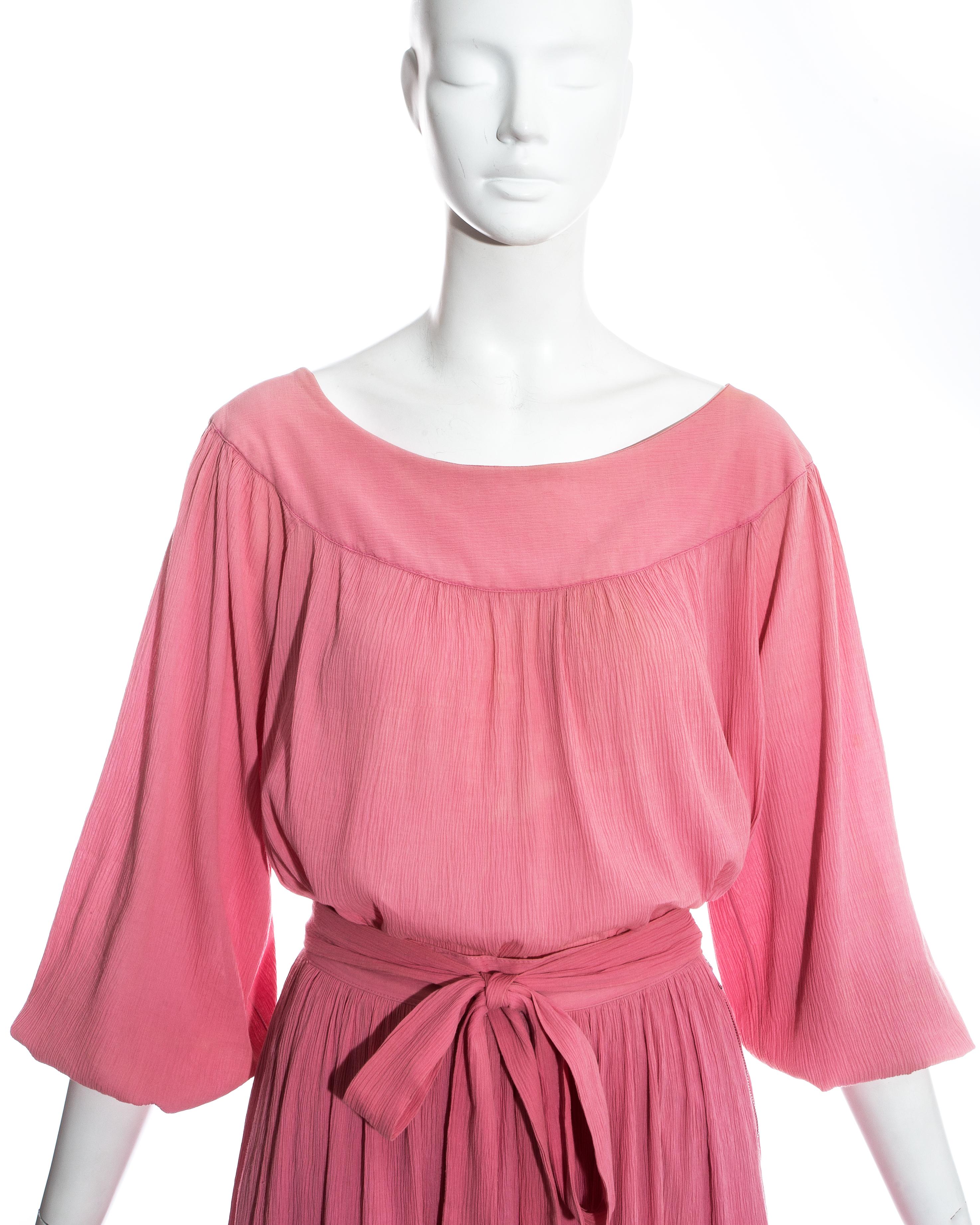 Pink Yves Saint Laurent pink crinkled silk blouse and skirt set, c. 1970s