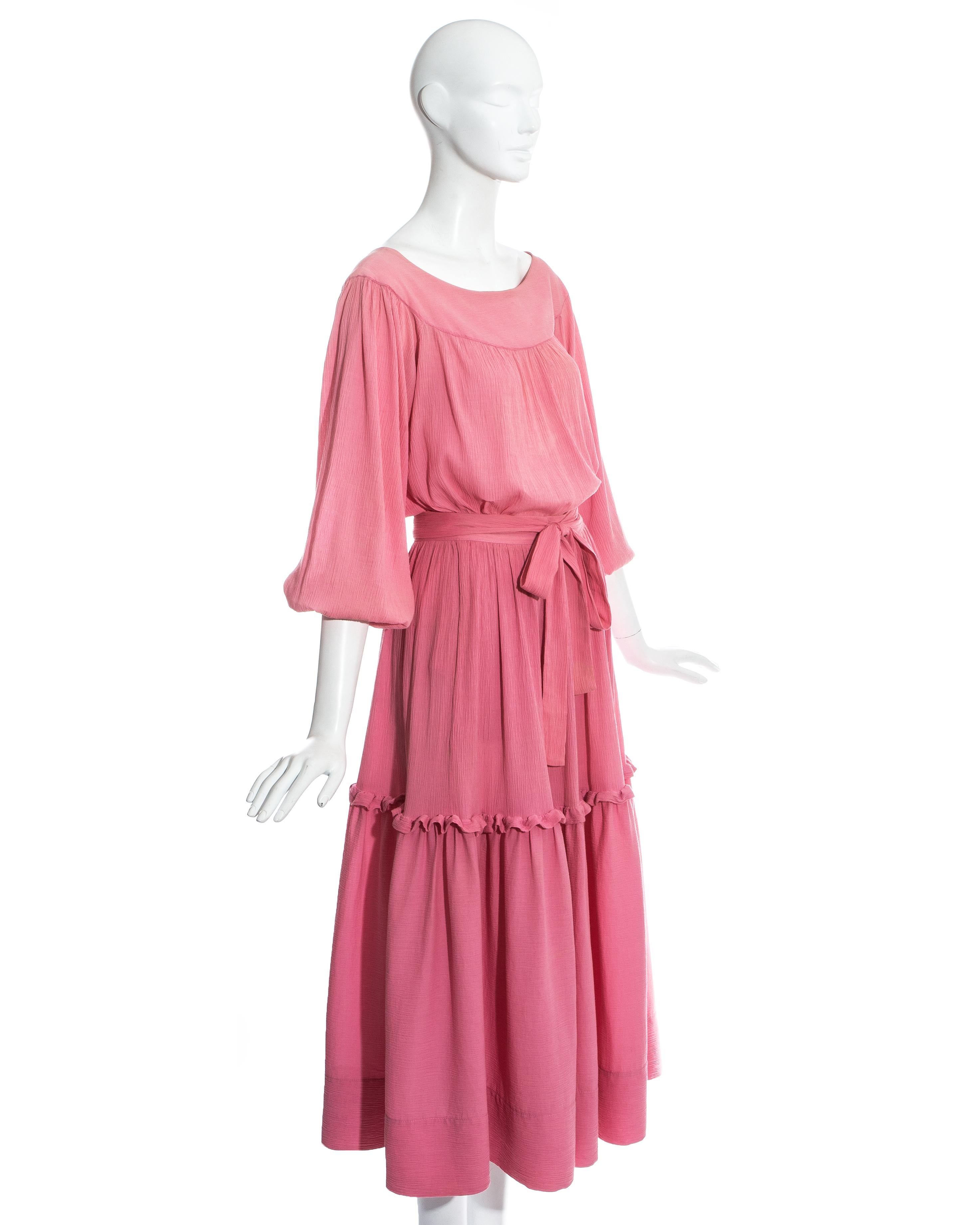 Yves Saint Laurent pink crinkled silk blouse and skirt set, c. 1970s In Good Condition In London, GB