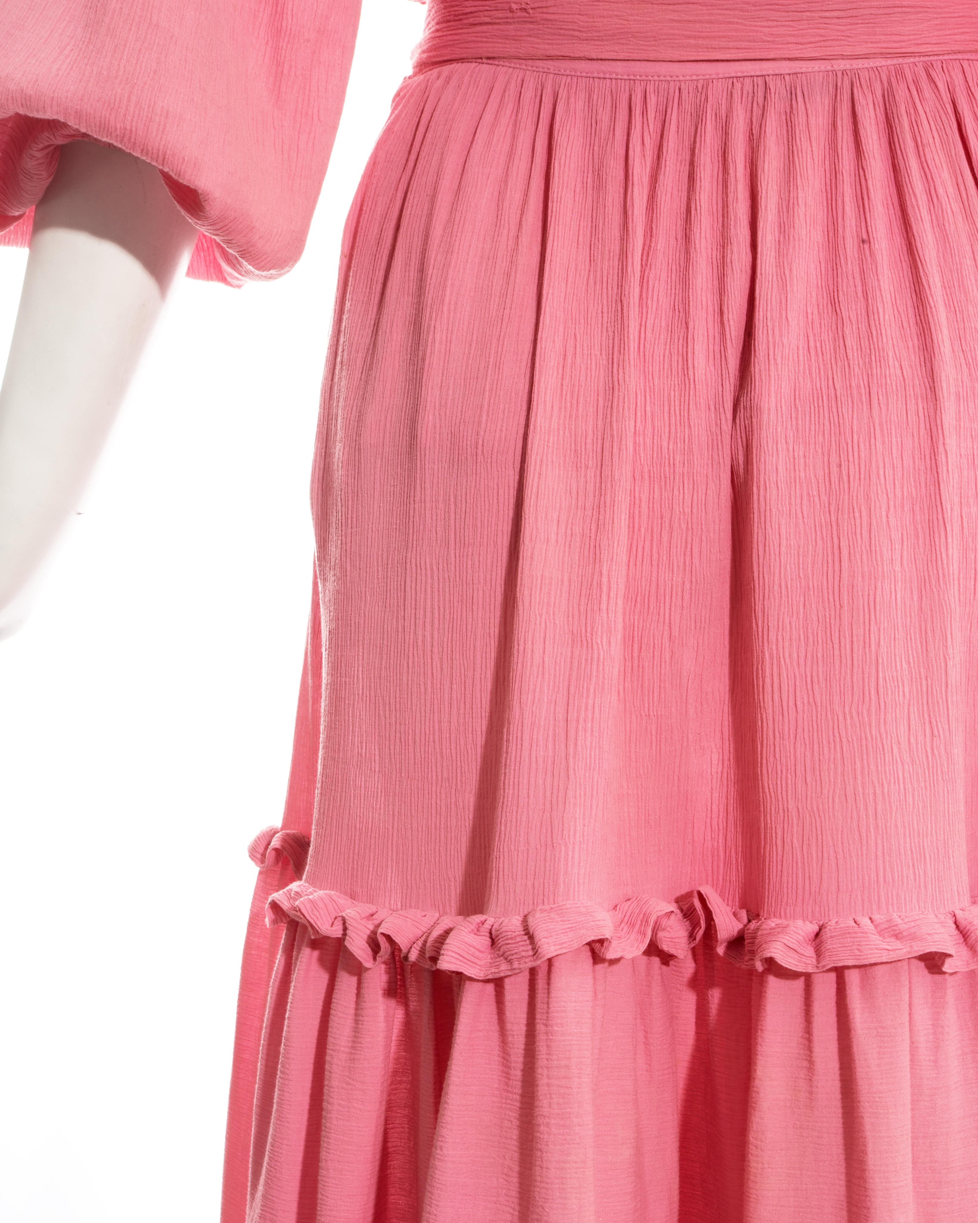 Women's Yves Saint Laurent pink crinkled silk blouse and skirt set, c. 1970s