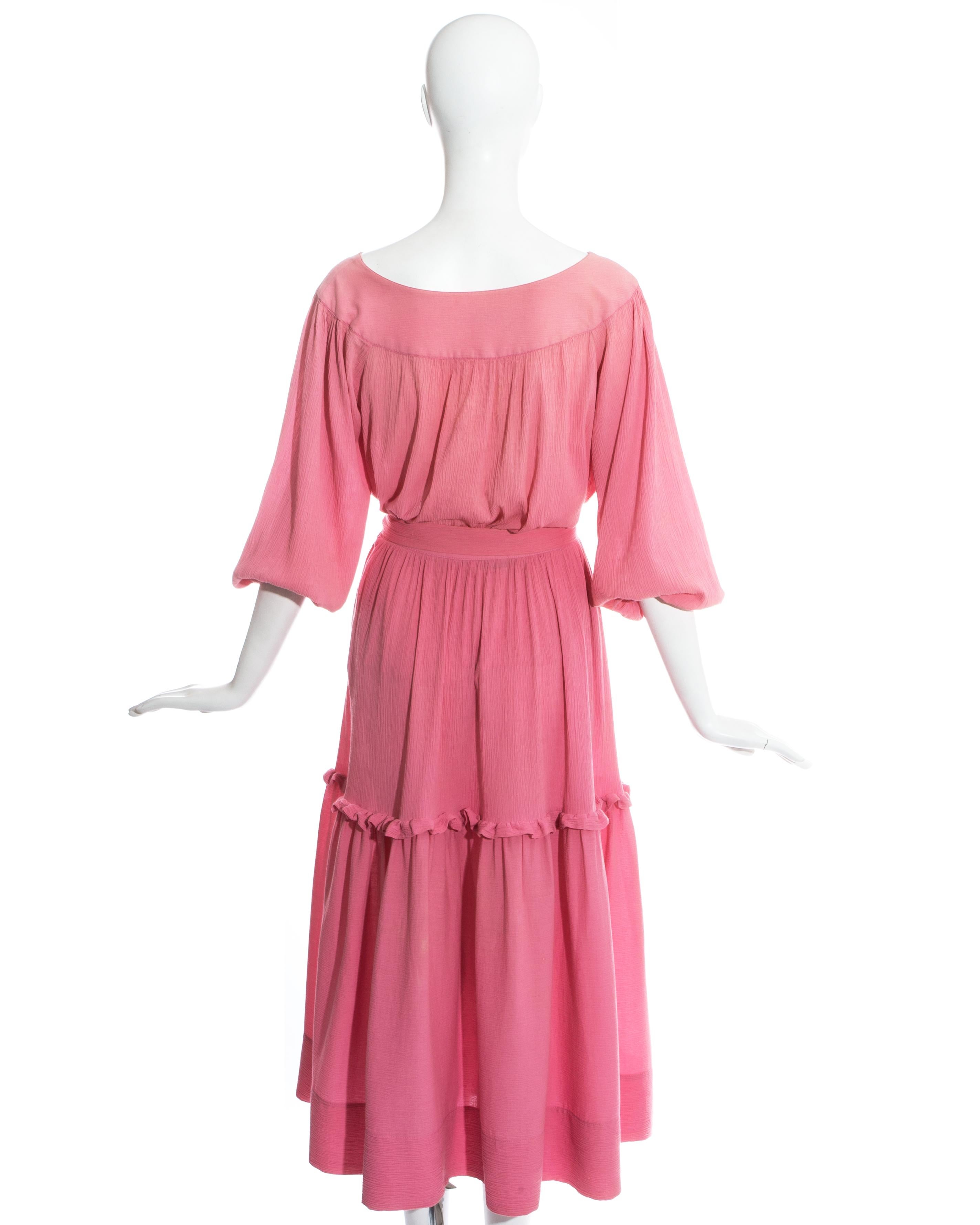 Yves Saint Laurent pink crinkled silk blouse and skirt set, c. 1970s 2