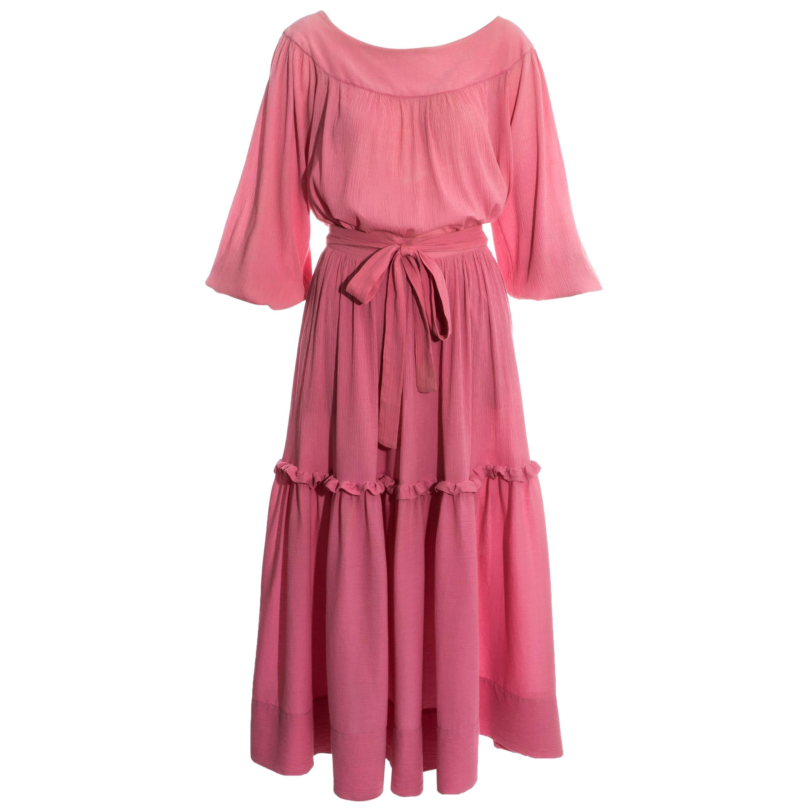 Yves Saint Laurent pink crinkled silk blouse and skirt set, c. 1970s