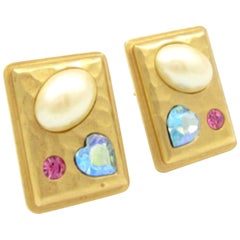 Yves Saint Laurent Pink Heart Pearl Blue Rhinestone Clip Earrings YSL