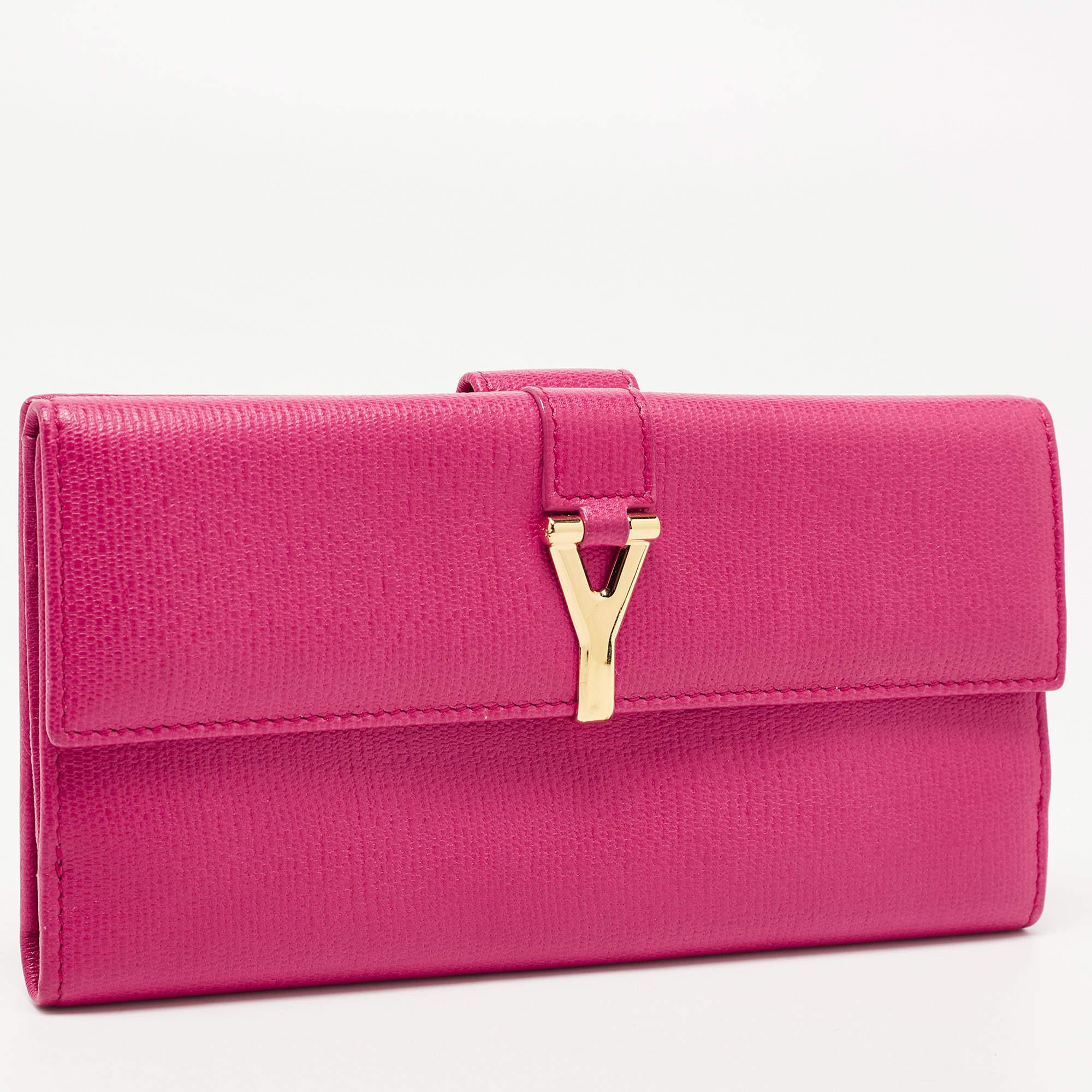 Yves Saint Laurent Pink Leather Ligne Y Charm Flap Wallet In Good Condition In Dubai, Al Qouz 2