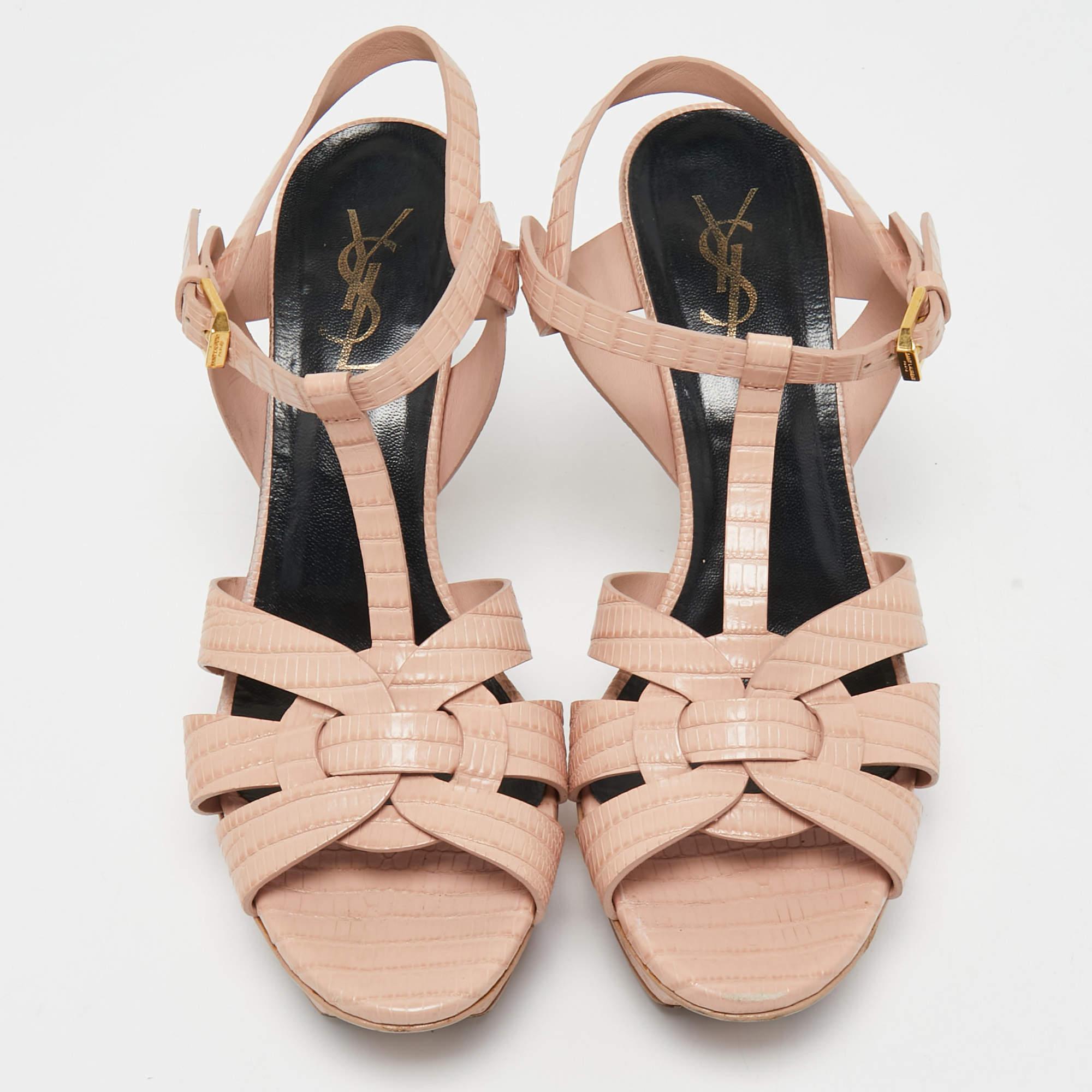 Beige Yves Saint Laurent Pink Lizard Embossed Leather Tribute Ankle Strap Sandals Size