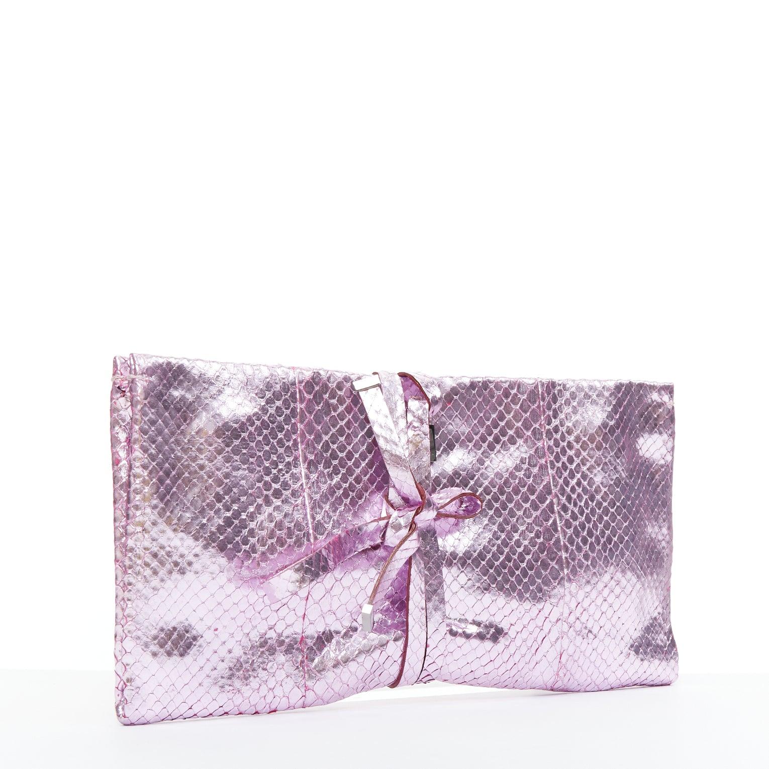 Gray YVES SAINT LAURENT pink metallic scaled leather wraparound clutch bag For Sale