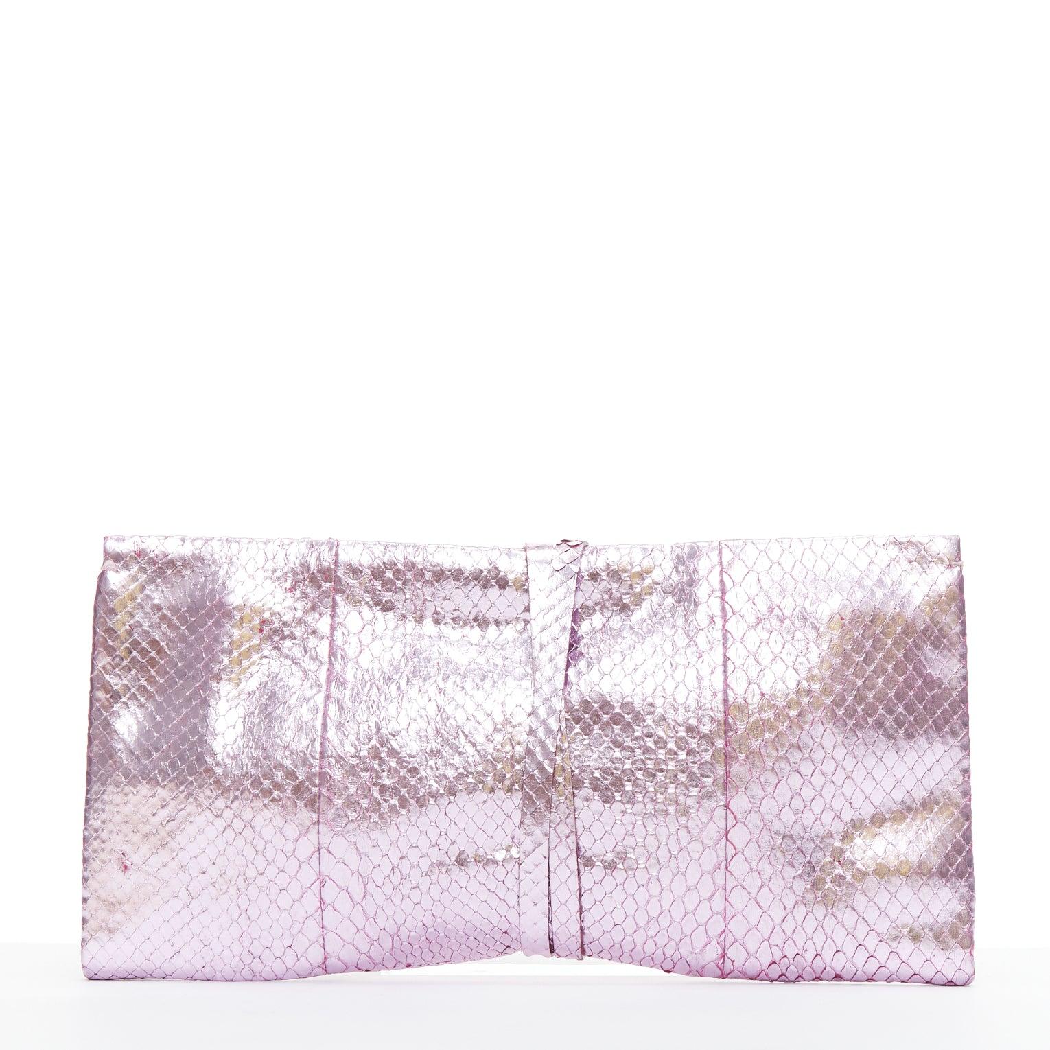Women's YVES SAINT LAURENT pink metallic scaled leather wraparound clutch bag For Sale