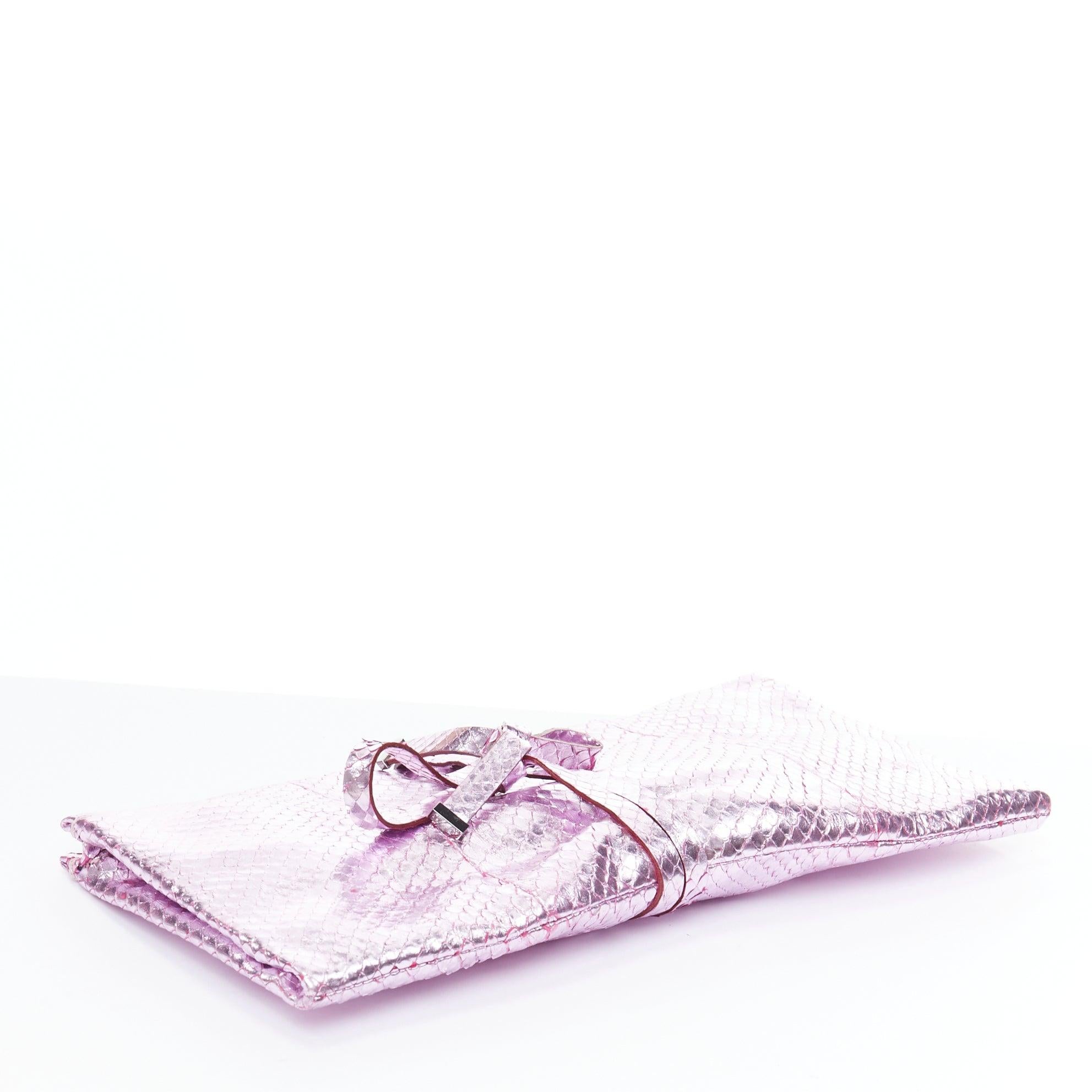YVES SAINT LAURENT pink metallic scaled leather wraparound clutch bag For Sale 1
