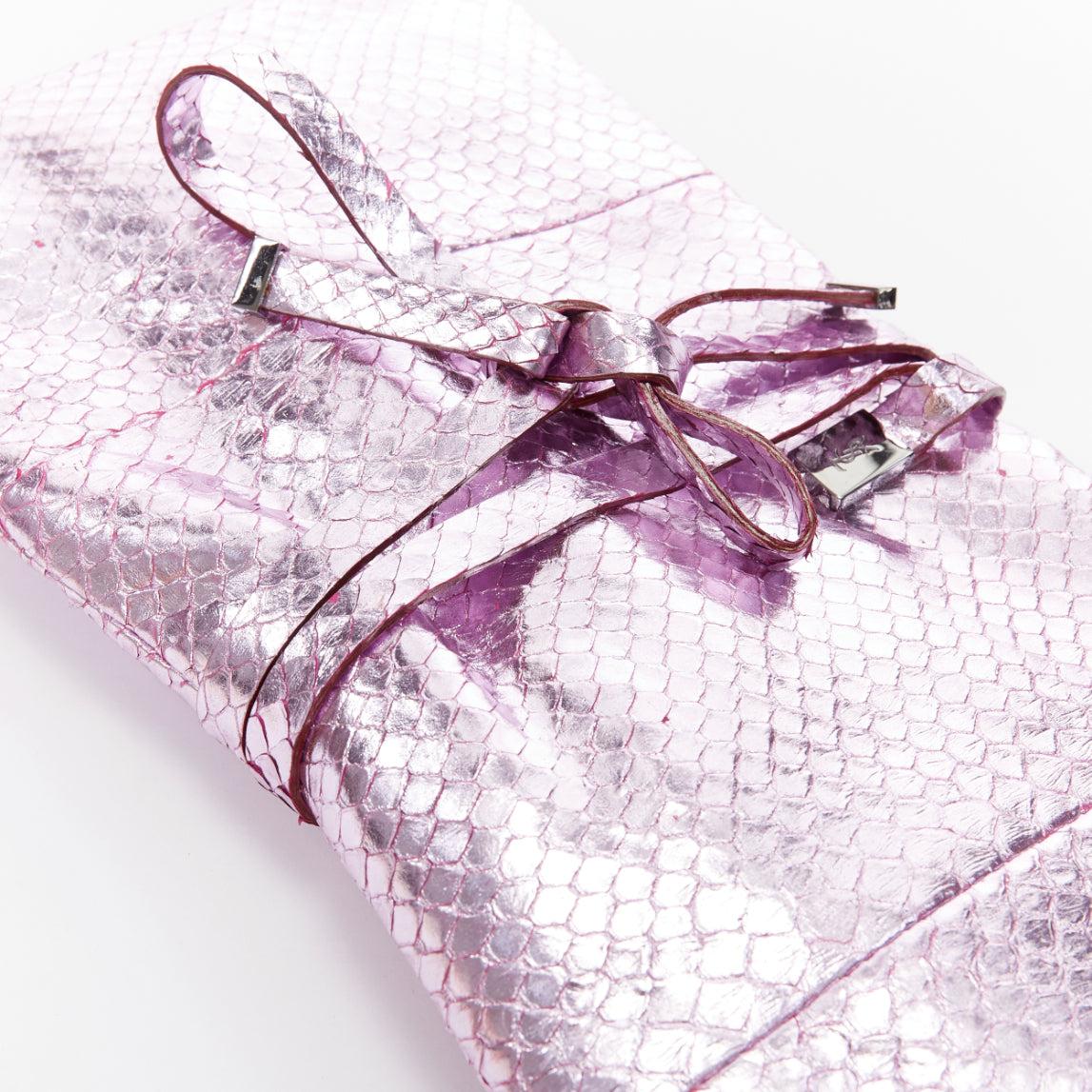 YVES SAINT LAURENT pink metallic scaled leather wraparound clutch bag For Sale 3