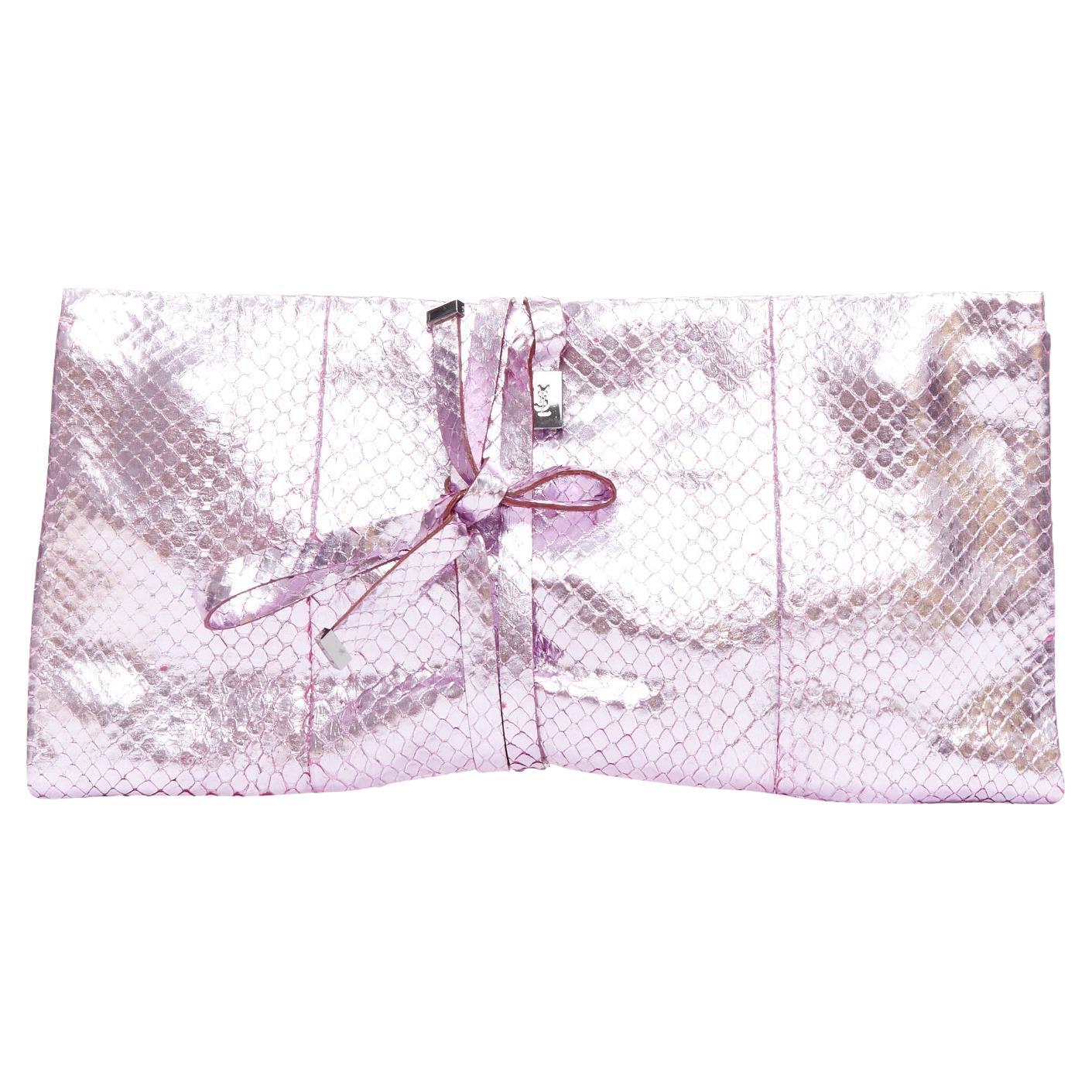 YVES SAINT LAURENT pink metallic scaled leather wraparound clutch bag For Sale