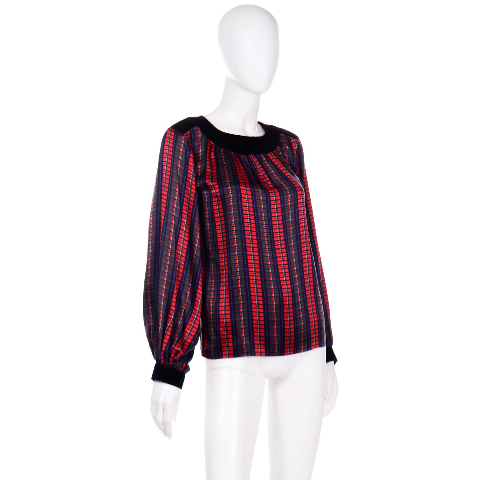 Yves Saint Laurent Plaid Silk and Black Velvet Vintage Long Sleeve Top In Excellent Condition For Sale In Portland, OR