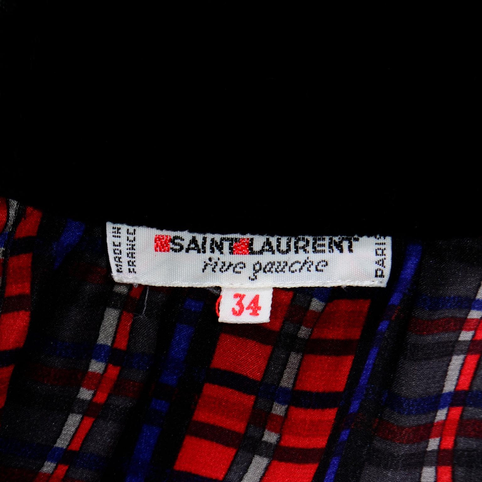 Yves Saint Laurent Plaid Silk and Black Velvet Vintage Long Sleeve Top For Sale 4