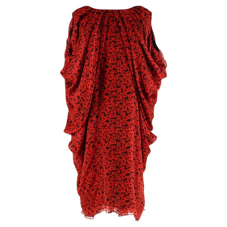 Yves Saint Laurent Poppy Print Silk Midi Dress For Sale