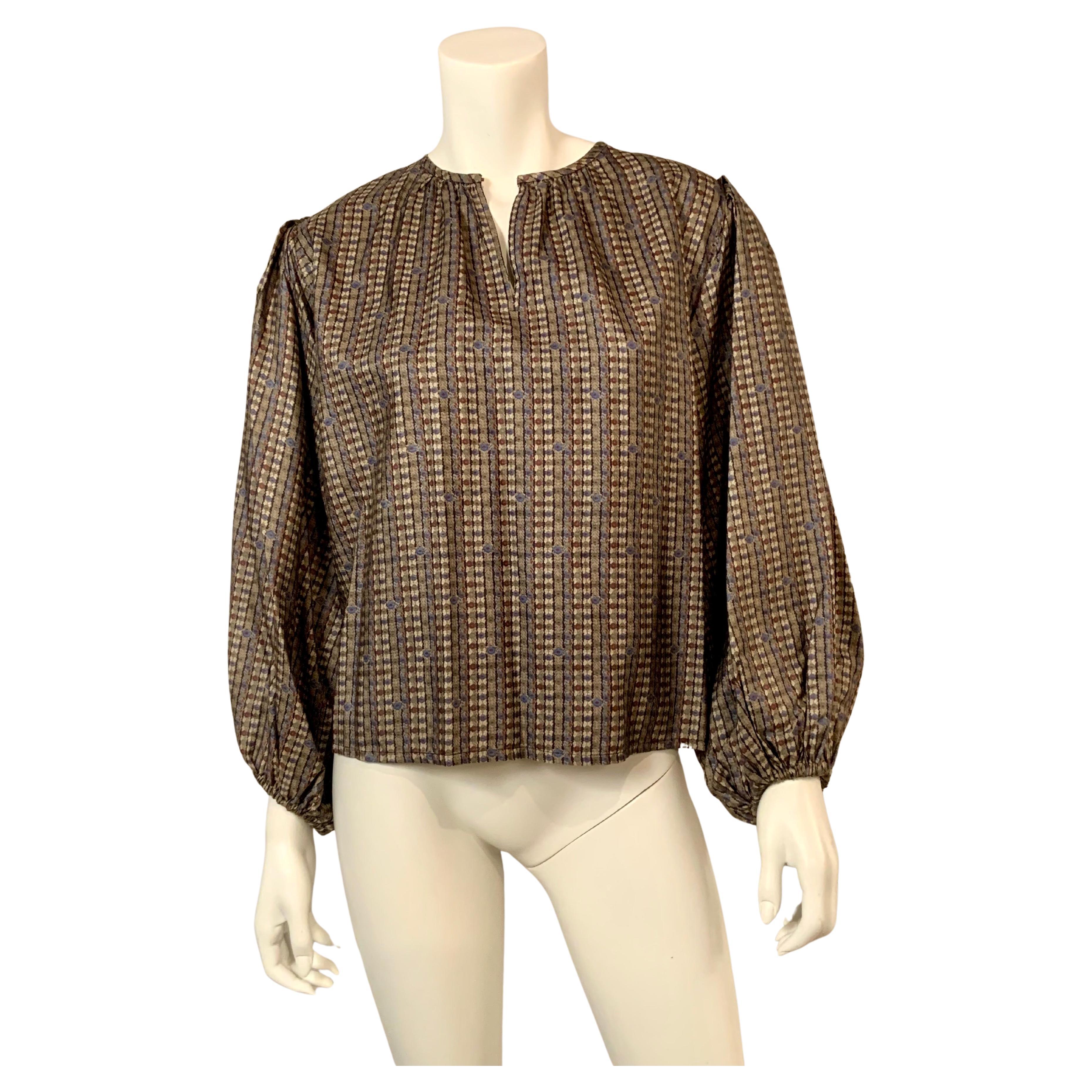 Yves Saint Laurent Printed Peasant Style Silk Blouse For Sale