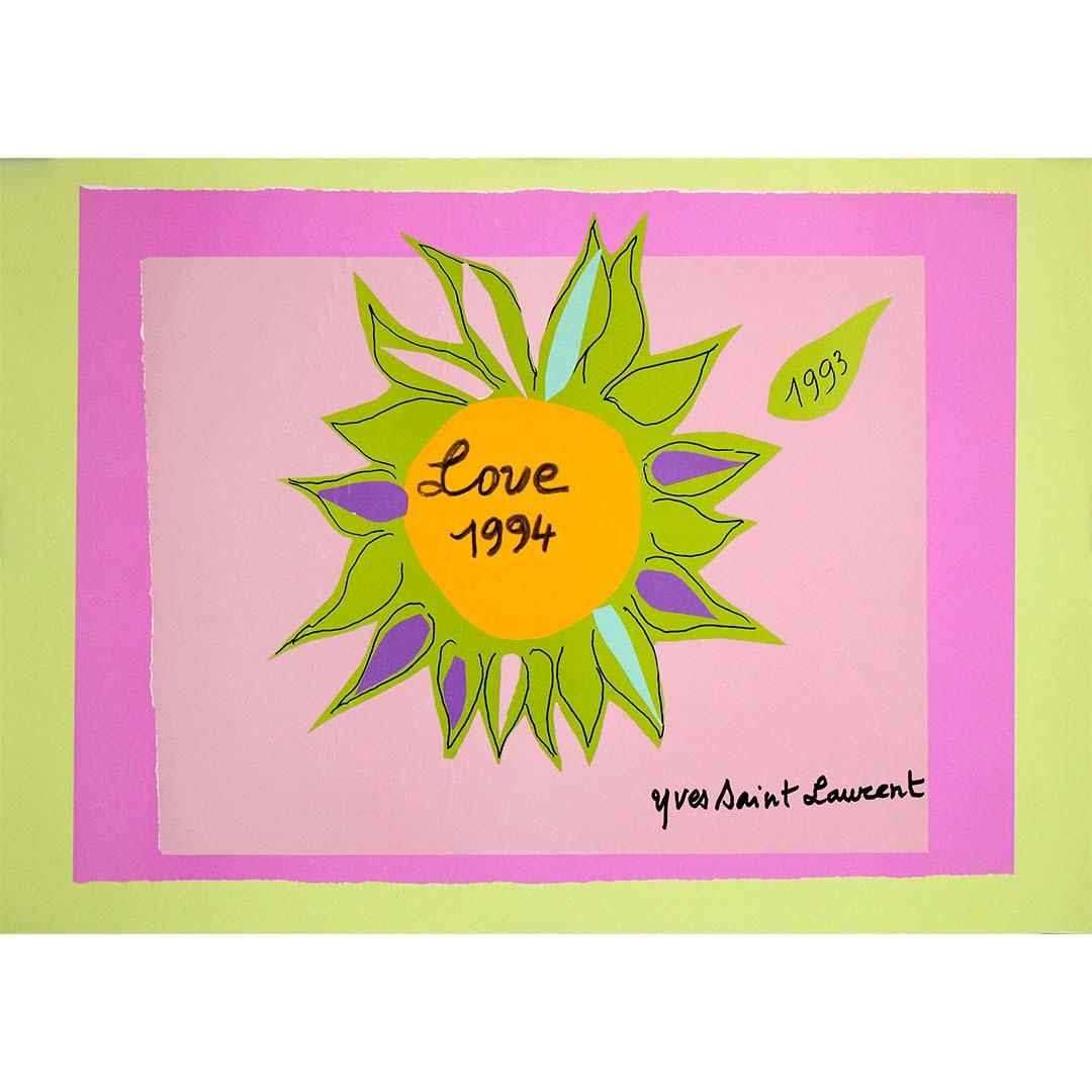 This vibrant “LOVE” poster by Yves Saint Laurent belongs to a joyful and highly recognizable series created by the couturier from the 1980s through the 1990s. Conceived not as a fashion advertisement but as an independent graphic work, this image