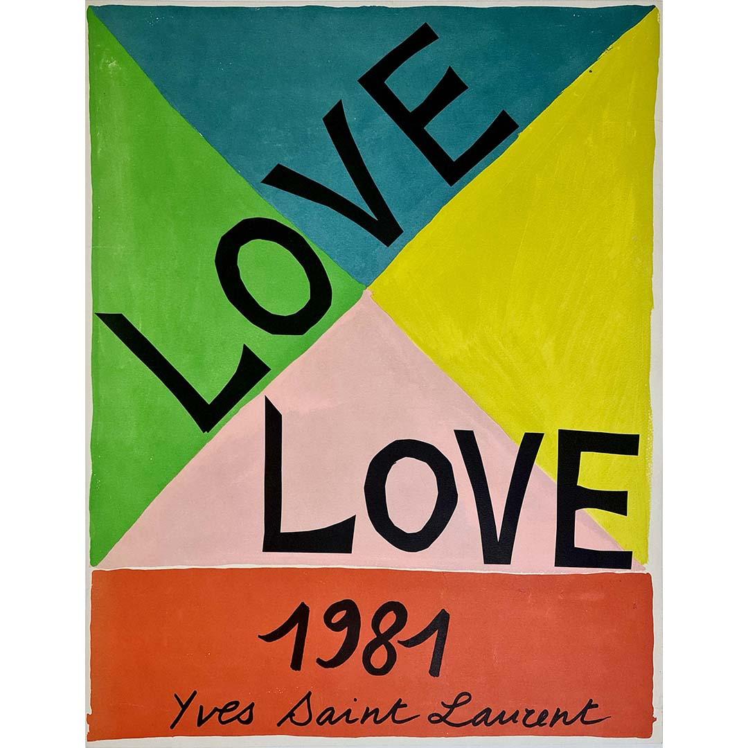 Crafted in 1981 as part of a series of annual greeting cards, the original poster titled "Love" by Yves Saint Laurent is a cherished emblem of the designer's artistic expression and affectionate sentiment. This poster represents just one installment