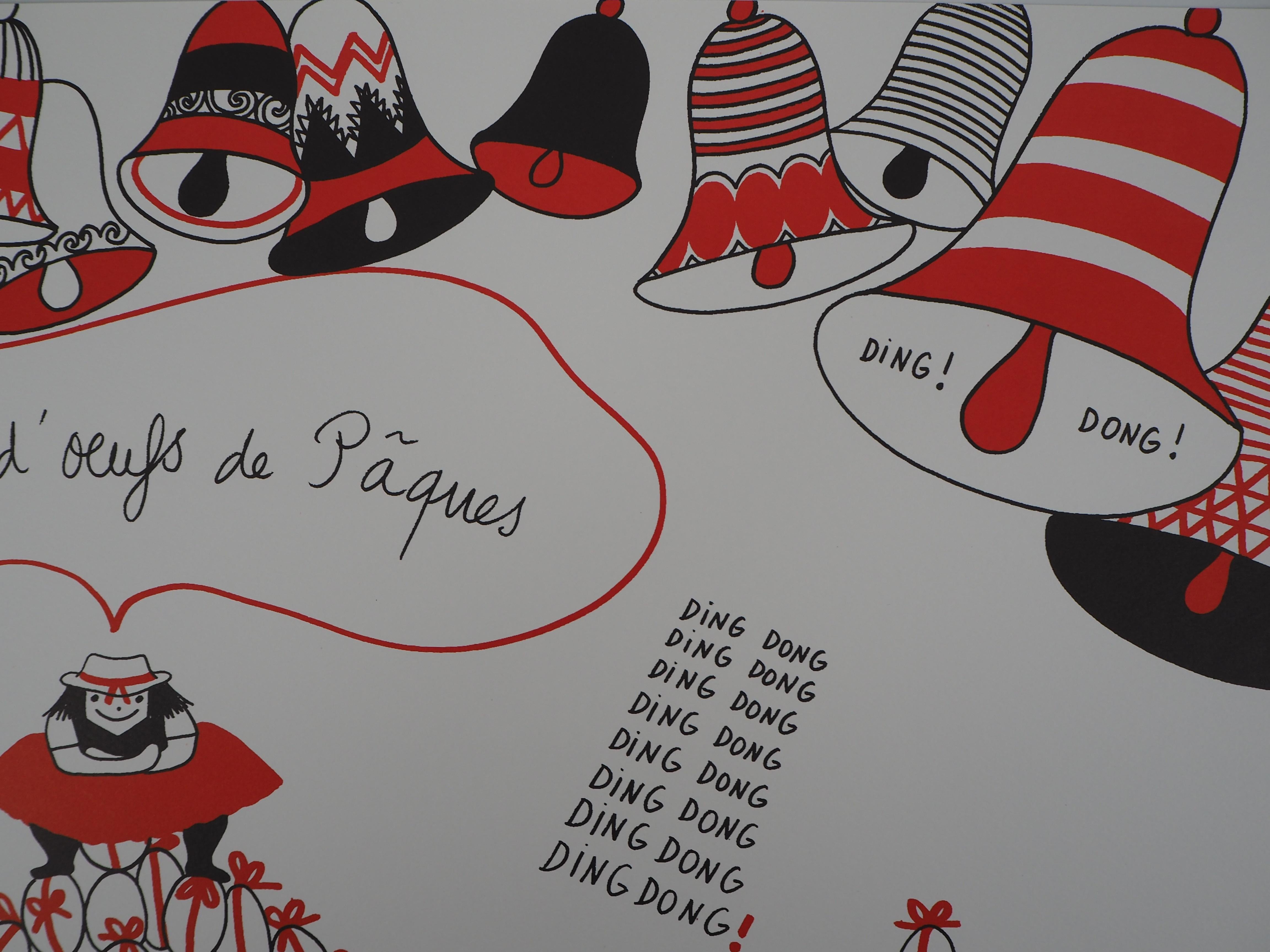 La Vilaine Lulu at Easter Time (Eggs and Bells) - Lithograph - Gray Figurative Print by Yves Saint Laurent