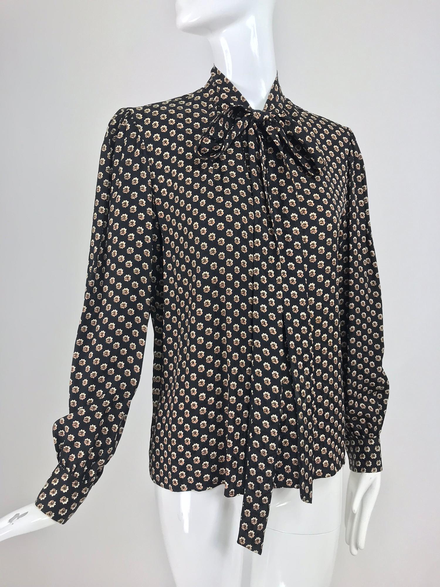 Black Yves Saint Laurent Provincial Print Silk Bow Neck Blouse 1970s
