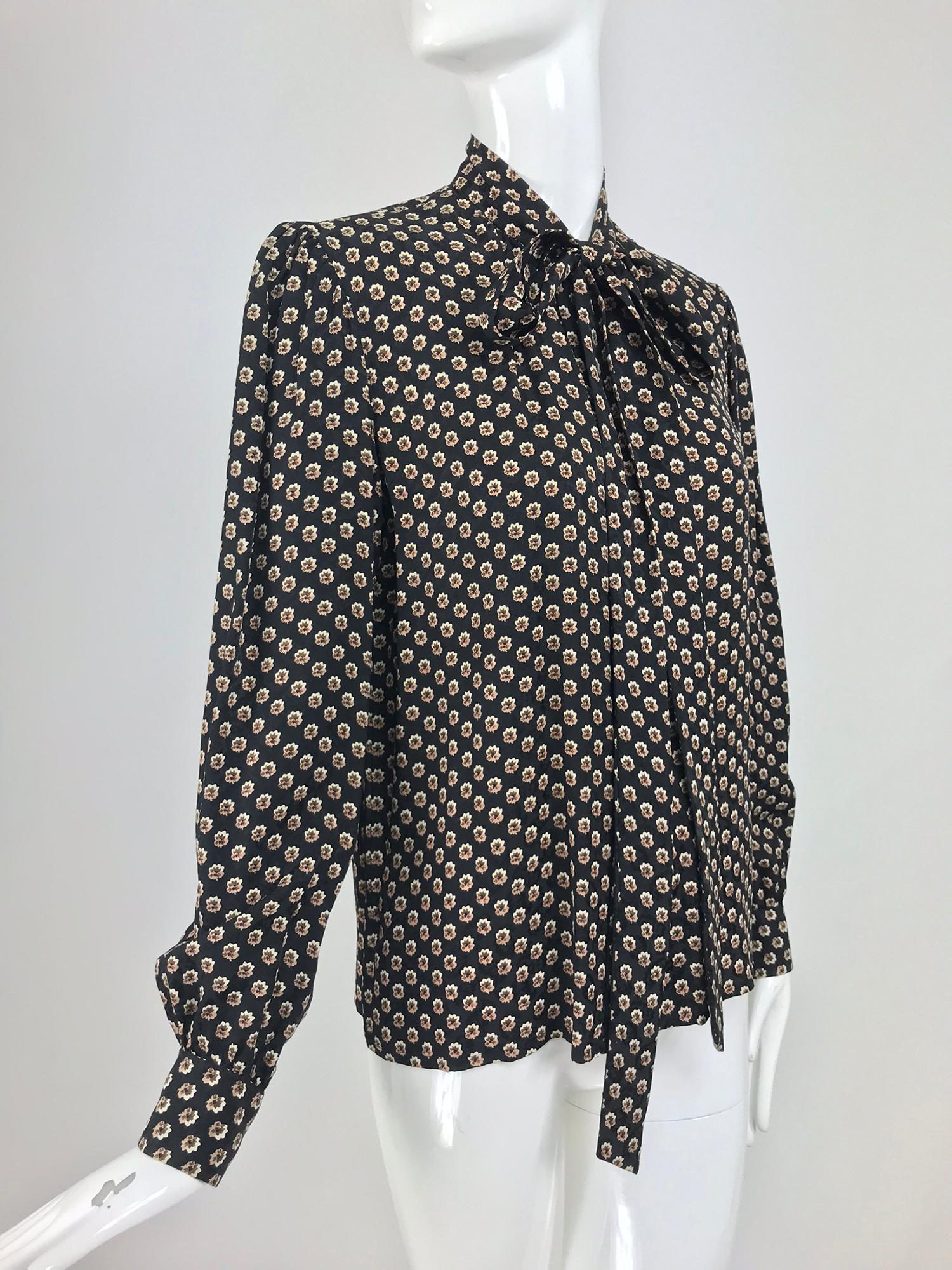 Yves Saint Laurent Provincial Print Silk Bow Neck Blouse 1970s In Good Condition In West Palm Beach, FL