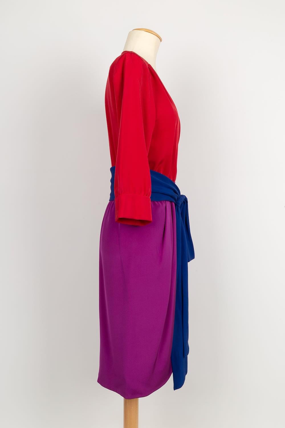 Women's Yves Saint Laurent Purple and Red Silk Haute Couture Dress with Blue Silk Belt