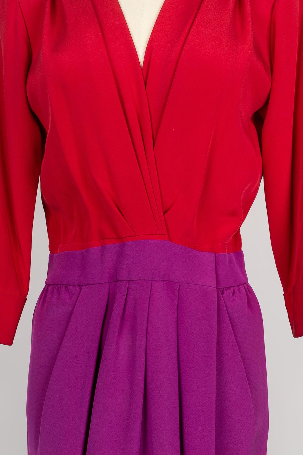 Yves Saint Laurent Purple and Red Silk Haute Couture Dress with Blue Silk Belt 2