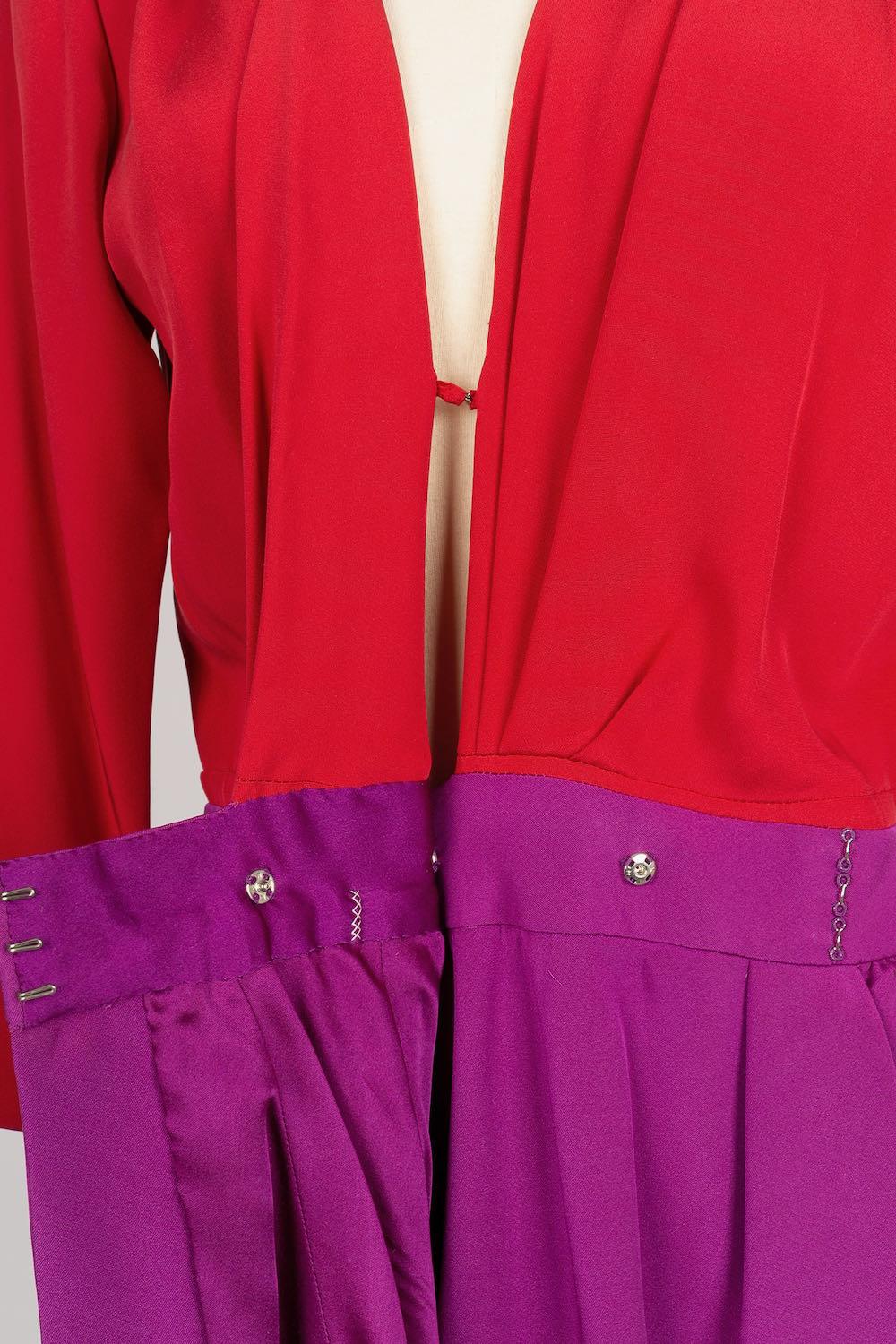 Yves Saint Laurent Purple and Red Silk Haute Couture Dress with Blue Silk Belt 3