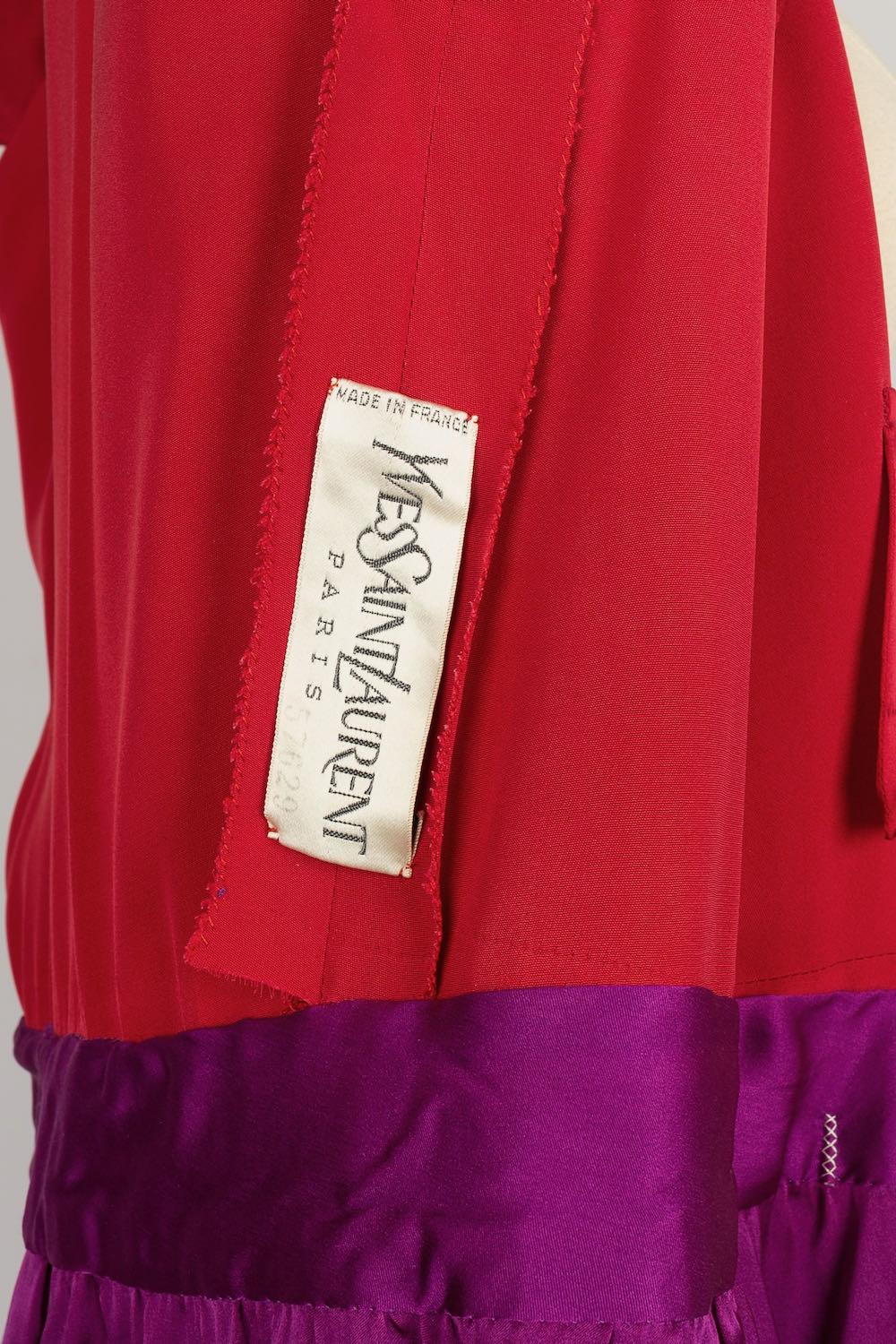 Yves Saint Laurent Purple and Red Silk Haute Couture Dress with Blue Silk Belt 4