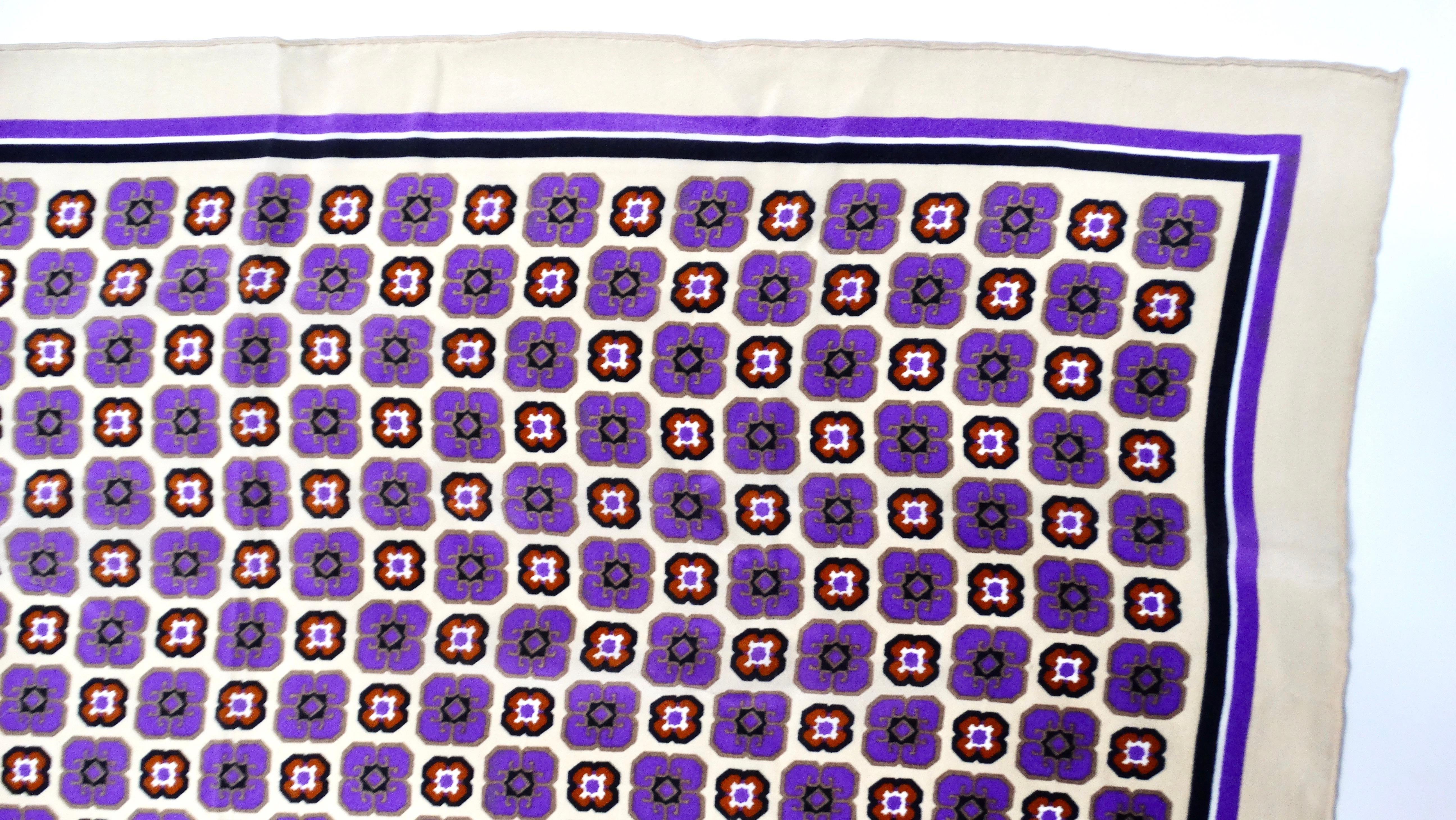Yves Saint Laurent Purple Floral Print Silk Scarf circa 80's In Good Condition For Sale In Scottsdale, AZ