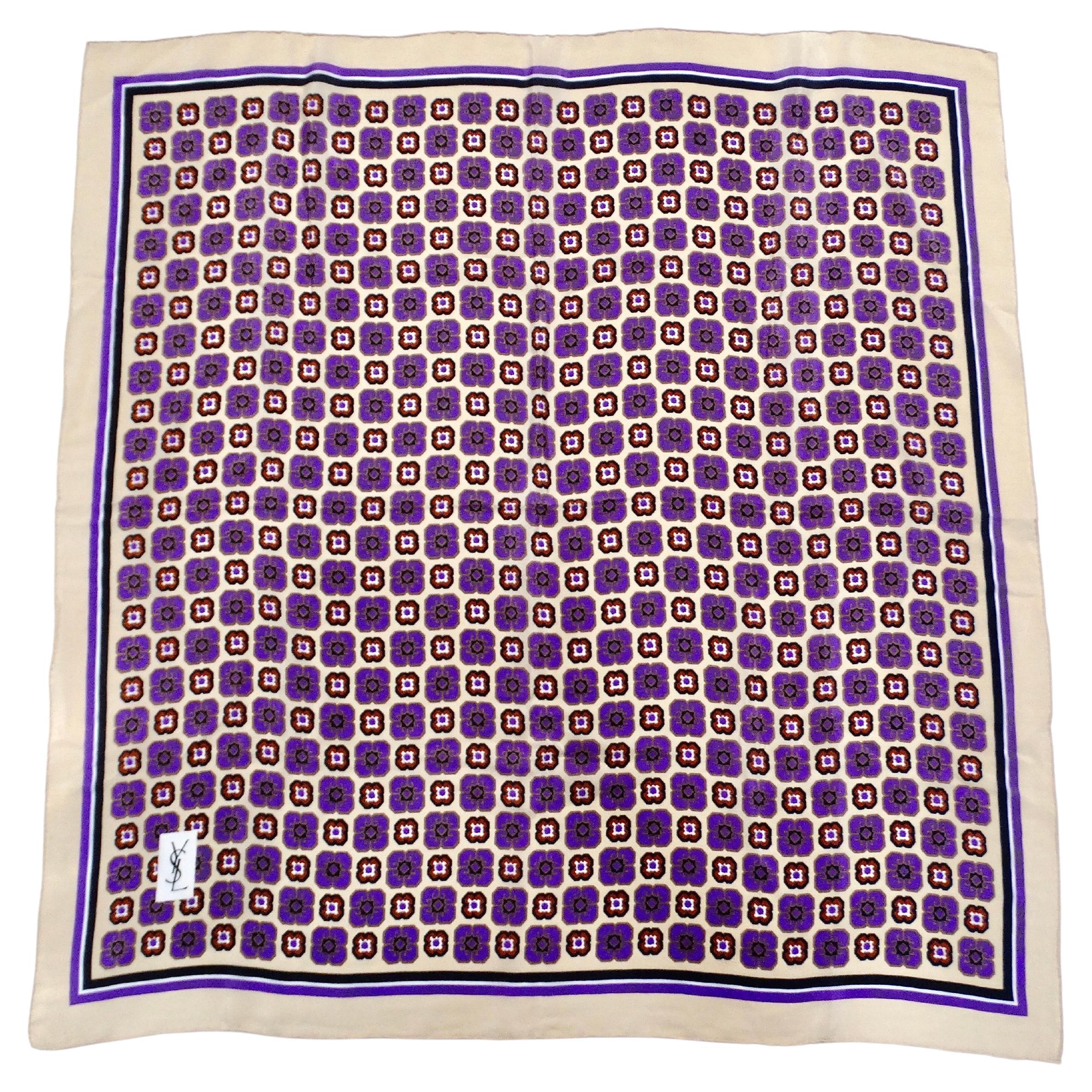 Yves Saint Laurent Purple Floral Print Silk Scarf circa 80's For Sale