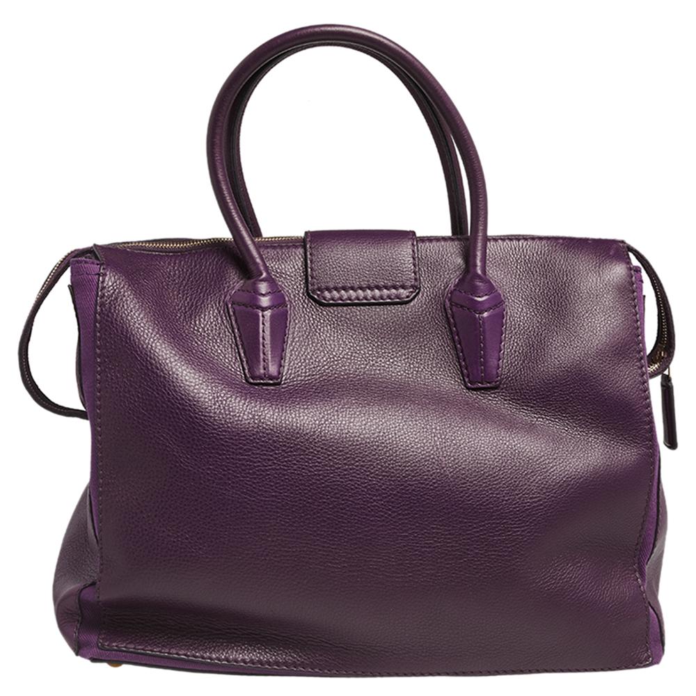 Yves Saint Laurent Purple Leather and Canvas Cabas Muse Two Tote In Good Condition For Sale In Dubai, Al Qouz 2