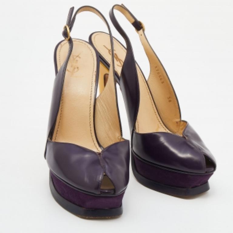 Yves Saint Laurent Sandali con piattaforma Peep Toe in pelle viola Taglia 38 In condizioni discrete in vendita a Dubai, Al Qouz 2