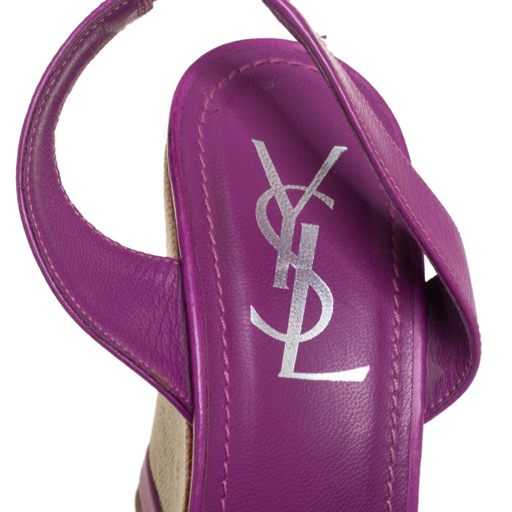 Yves Saint Laurent Purple Leather Wedge Slingback Sandals Size 38 In Good Condition In Dubai, Al Qouz 2