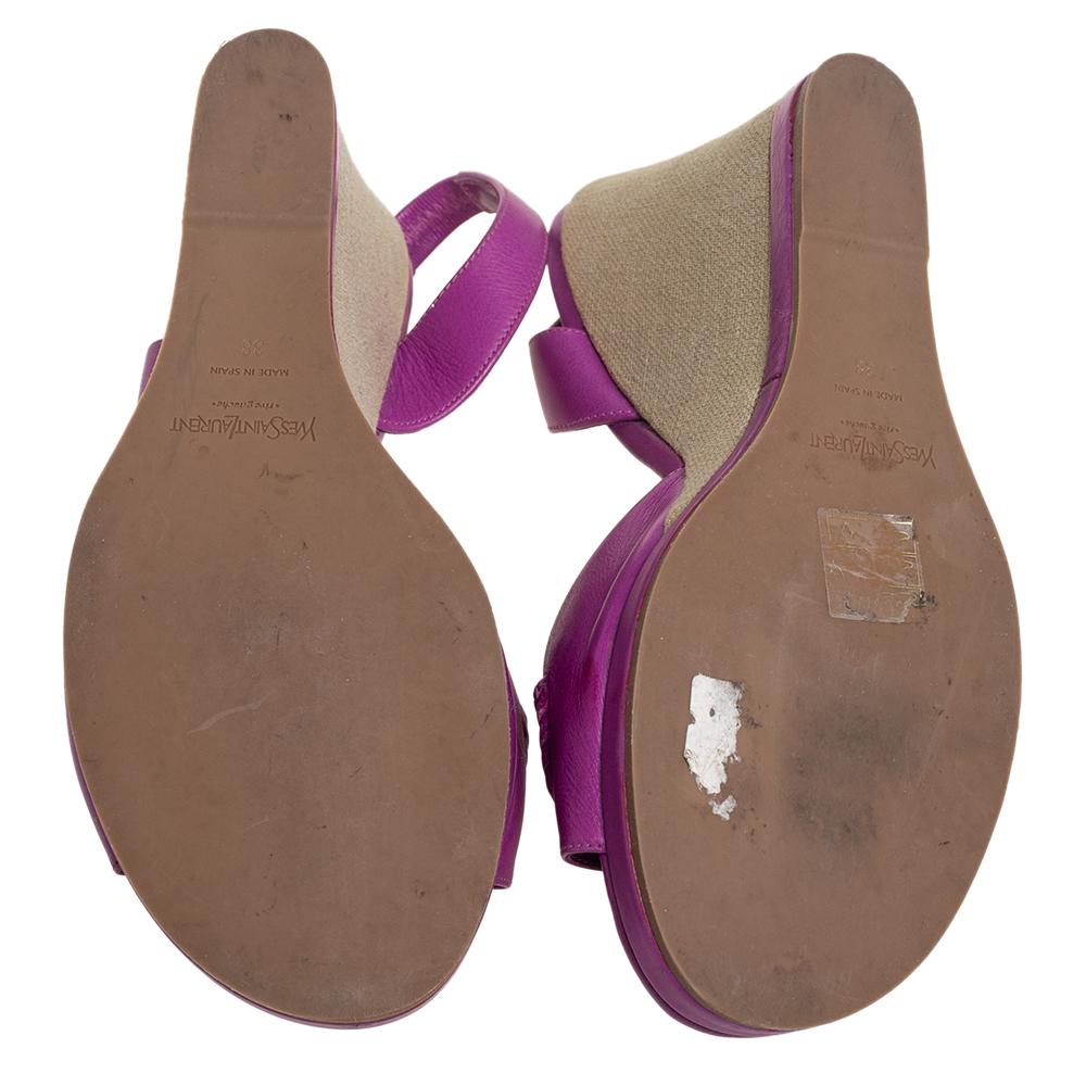 Women's Yves Saint Laurent Purple Leather Wedge Slingback Sandals Size 38