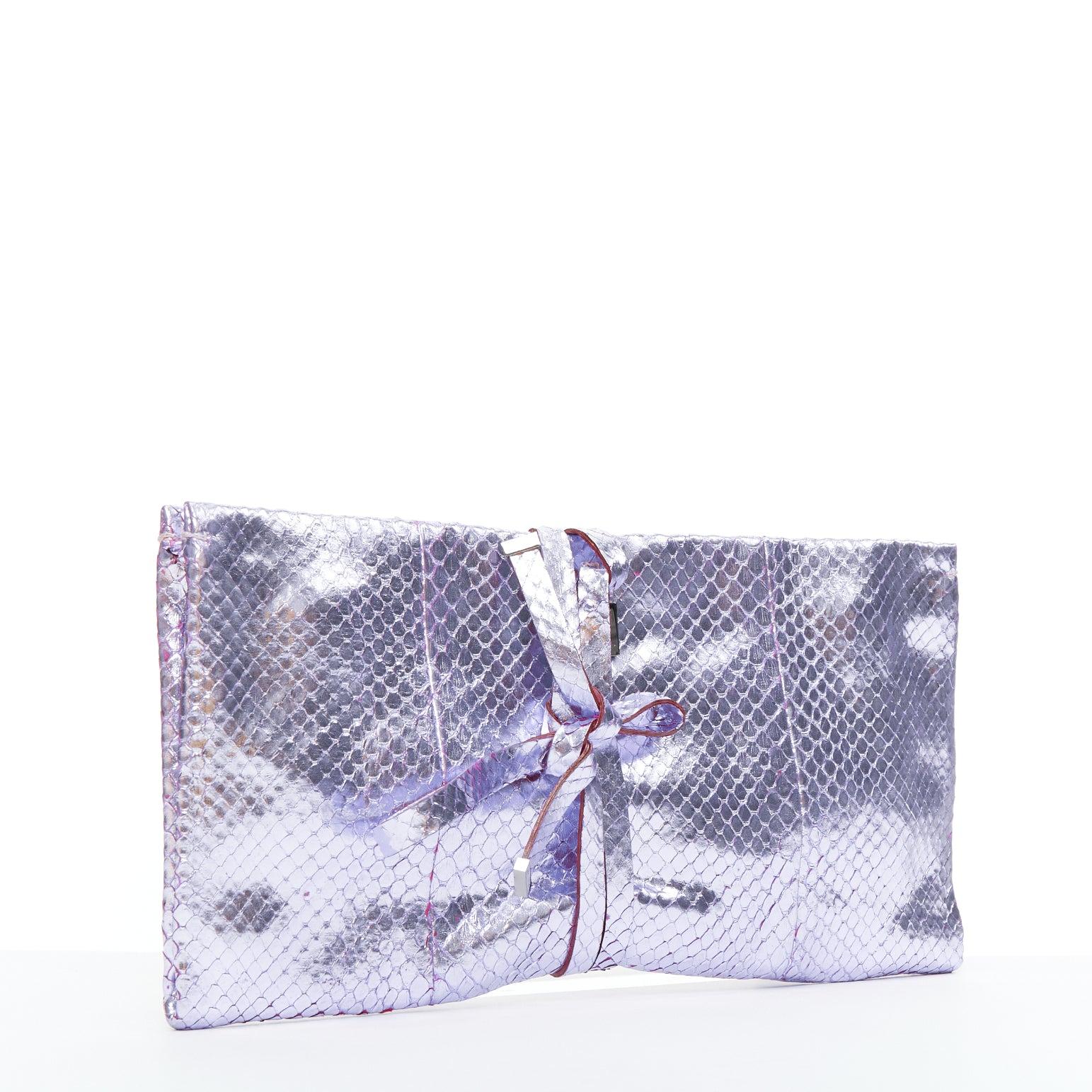 Gray YVES SAINT LAURENT purple metallic scaled leather wraparound clutch bag For Sale