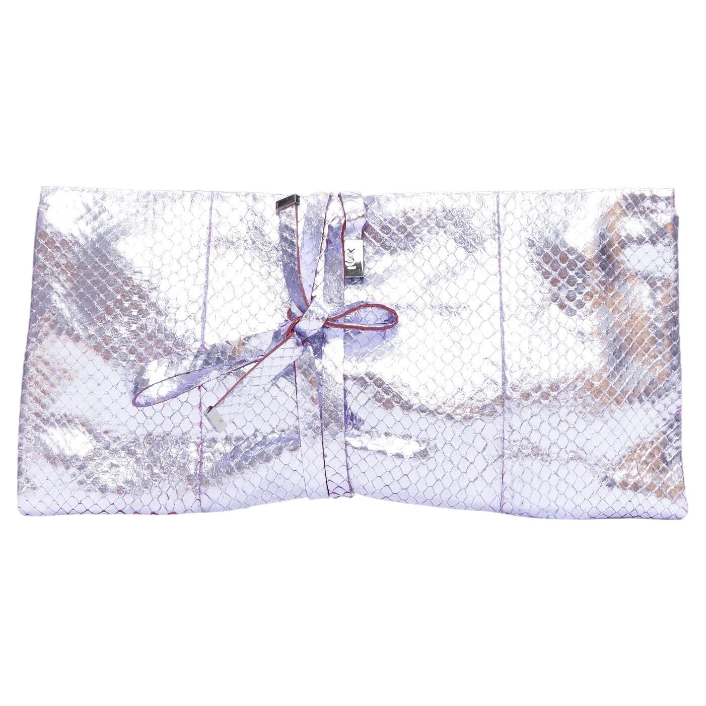 YVES SAINT LAURENT purple metallic scaled leather wraparound clutch bag