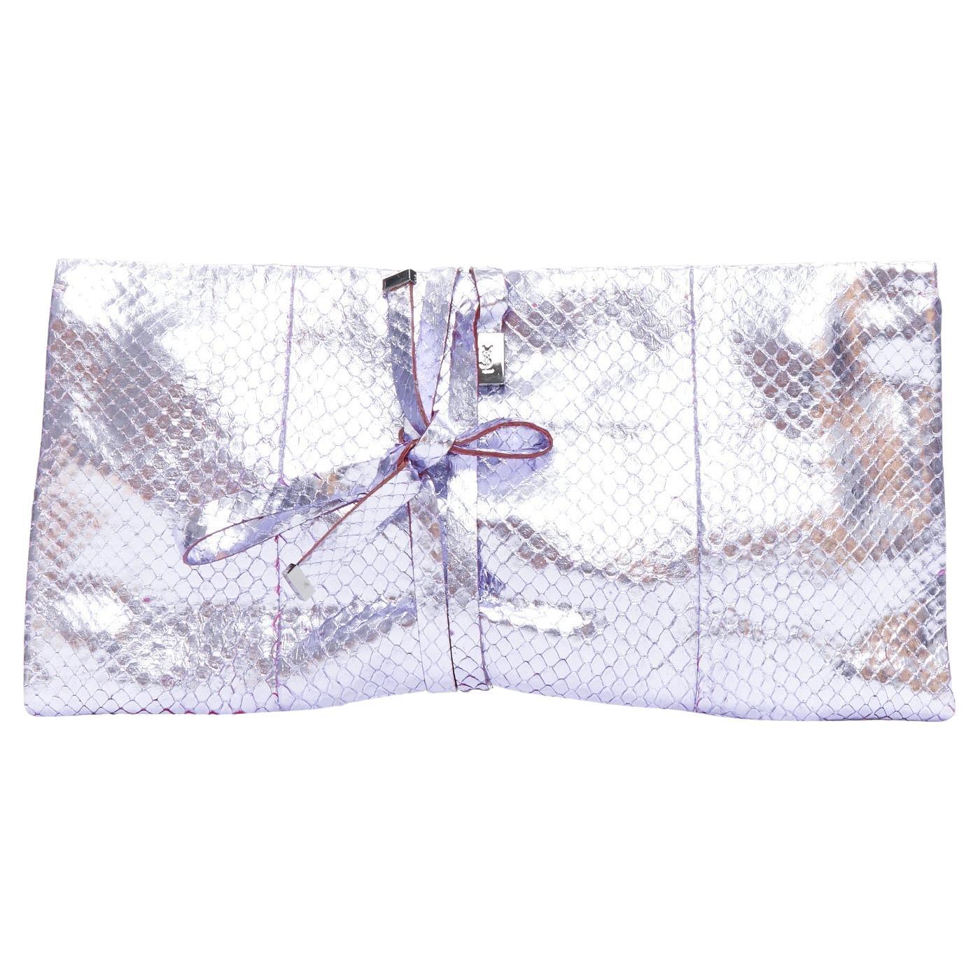 YVES SAINT LAURENT purple metallic scaled leather wraparound clutch bag For Sale