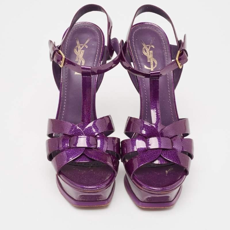 Gray Yves Saint Laurent Purple Patent Leather Tribute Sandals Size 38.5