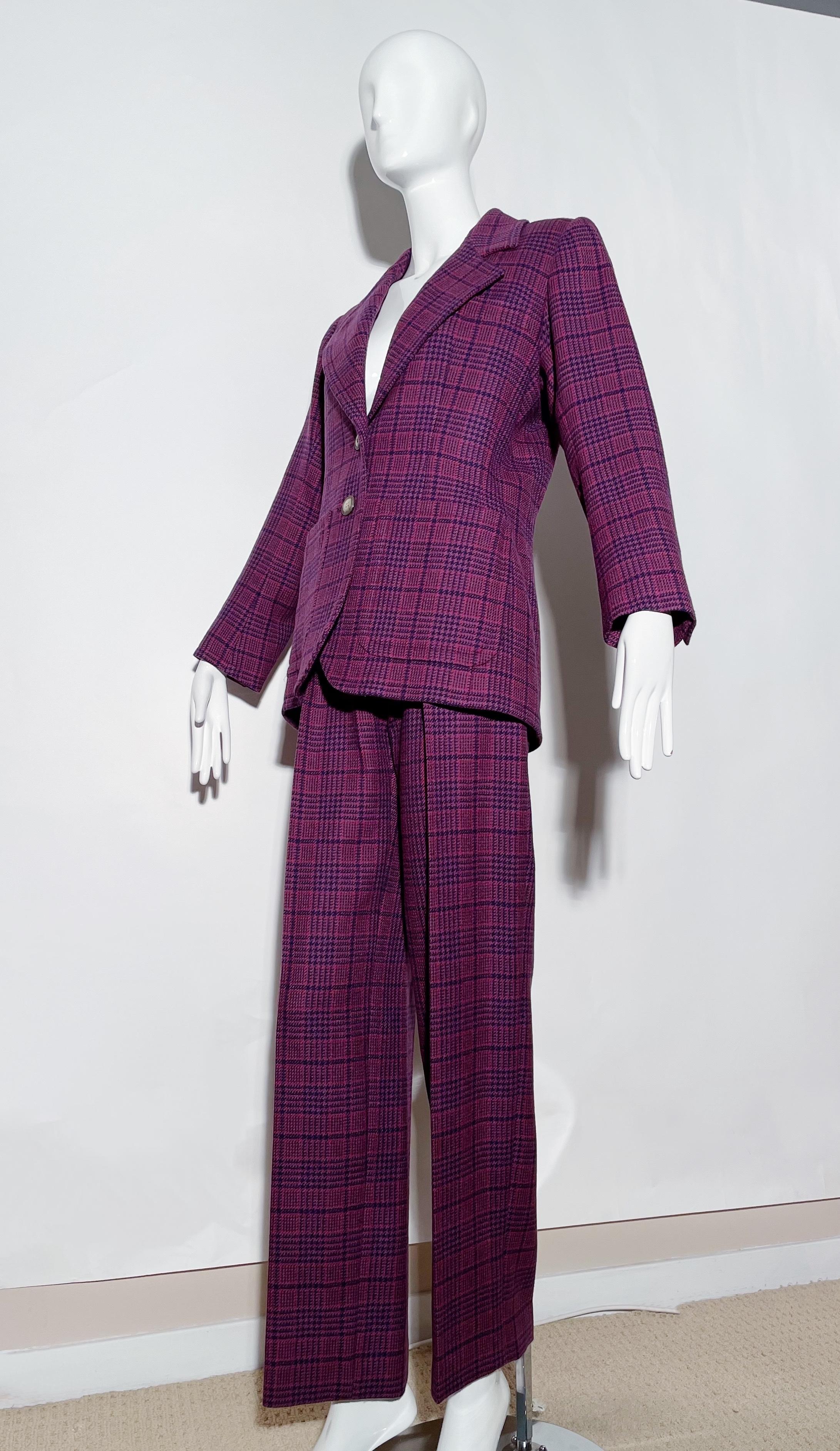 Yves Saint Laurent Purple Plaid Pant Suit  In Excellent Condition For Sale In Los Angeles, CA