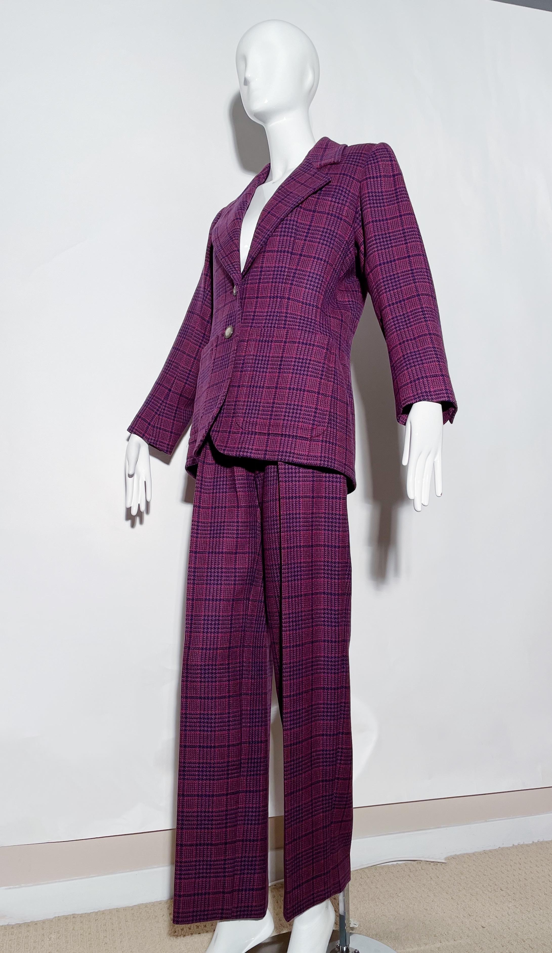 Yves Saint Laurent Purple Plaid Pant Suit In Excellent Condition For Sale In Los Angeles, CA