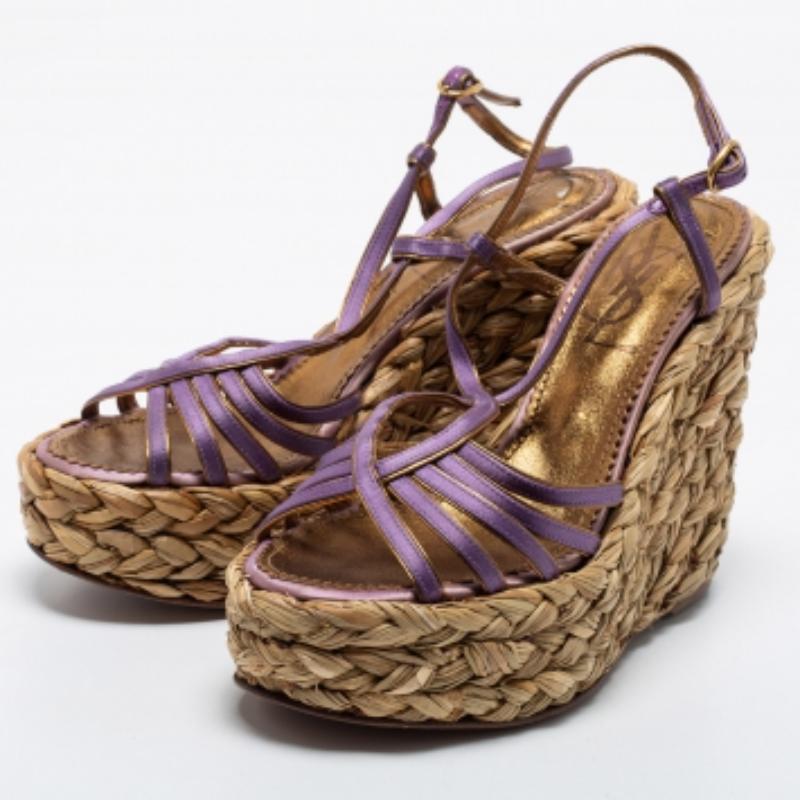 Brown Yves Saint Laurent Purple Satin Woven Straw Platform Wedge Sandals Size 35 For Sale