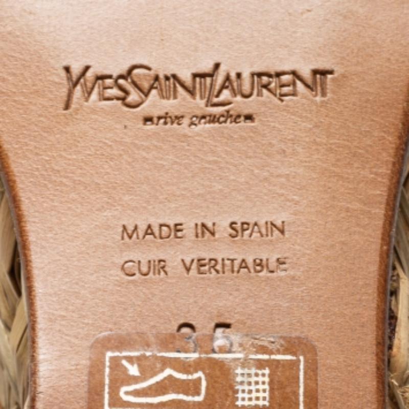 Yves Saint Laurent Purple Satin Woven Straw Platform Wedge Sandals Size 35 In Good Condition For Sale In Dubai, Al Qouz 2