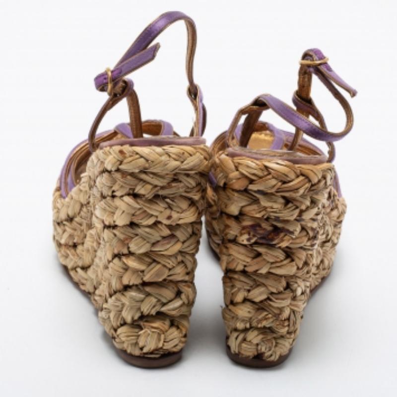 Yves Saint Laurent Purple Satin Woven Straw Platform Wedge Sandals Size 35 For Sale 1