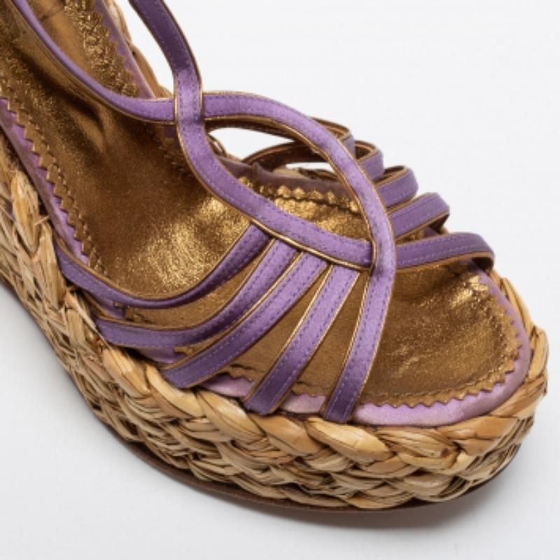 Yves Saint Laurent Purple Satin Woven Straw Platform Wedge Sandals Size 35 For Sale 2