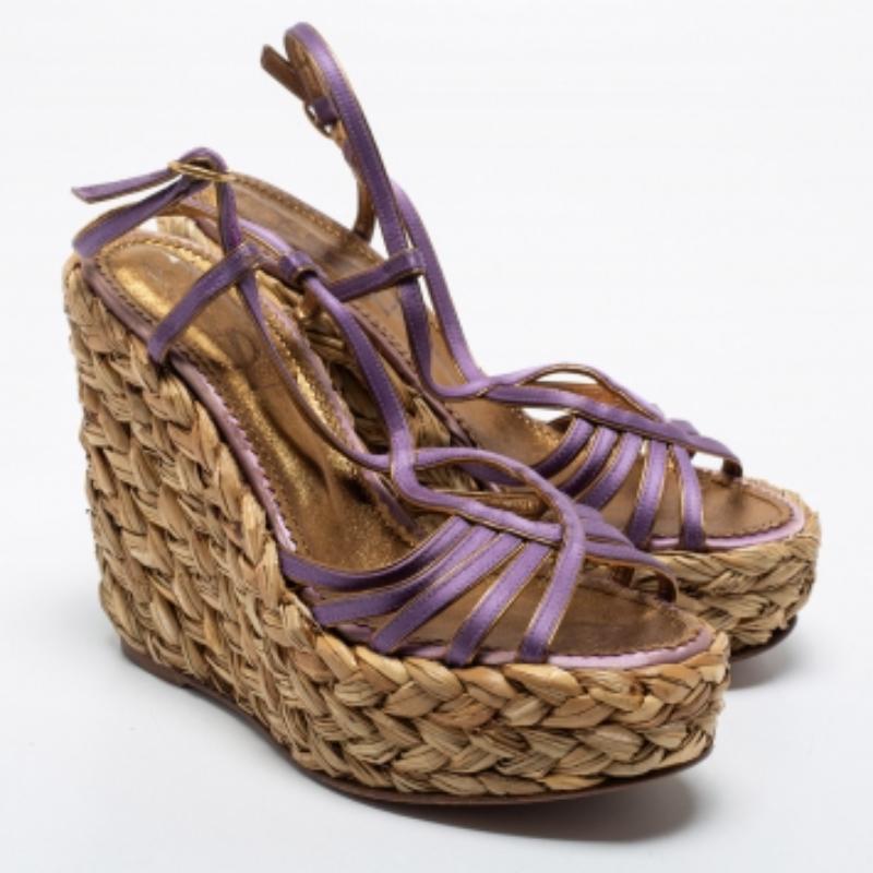 Yves Saint Laurent Purple Satin Woven Straw Platform Wedge Sandals Size 35 For Sale 3