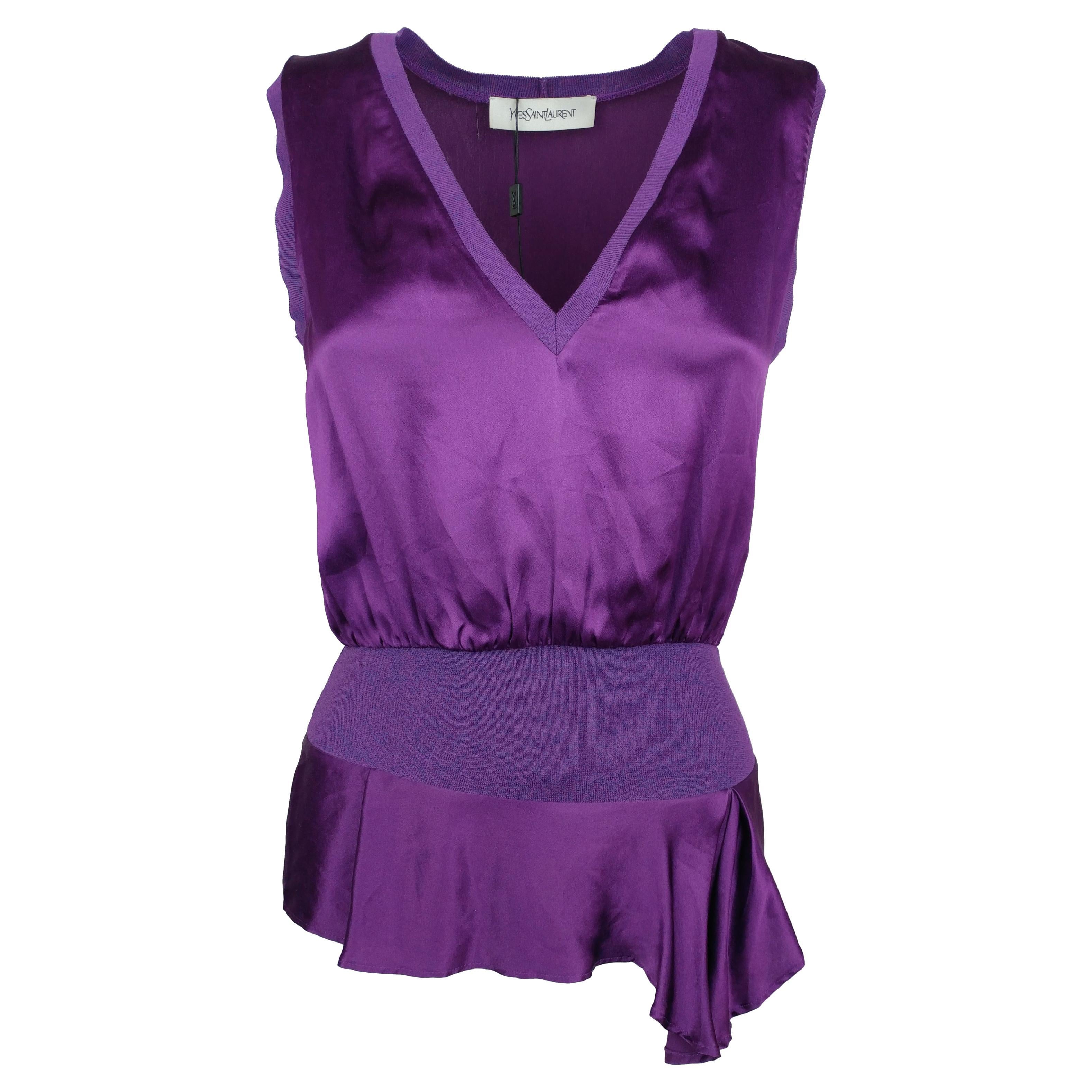 YVES SAINT LAURENT - Purple Silk Blouse Top V neckline New and Unworn Size  2US For Sale at 1stDibs